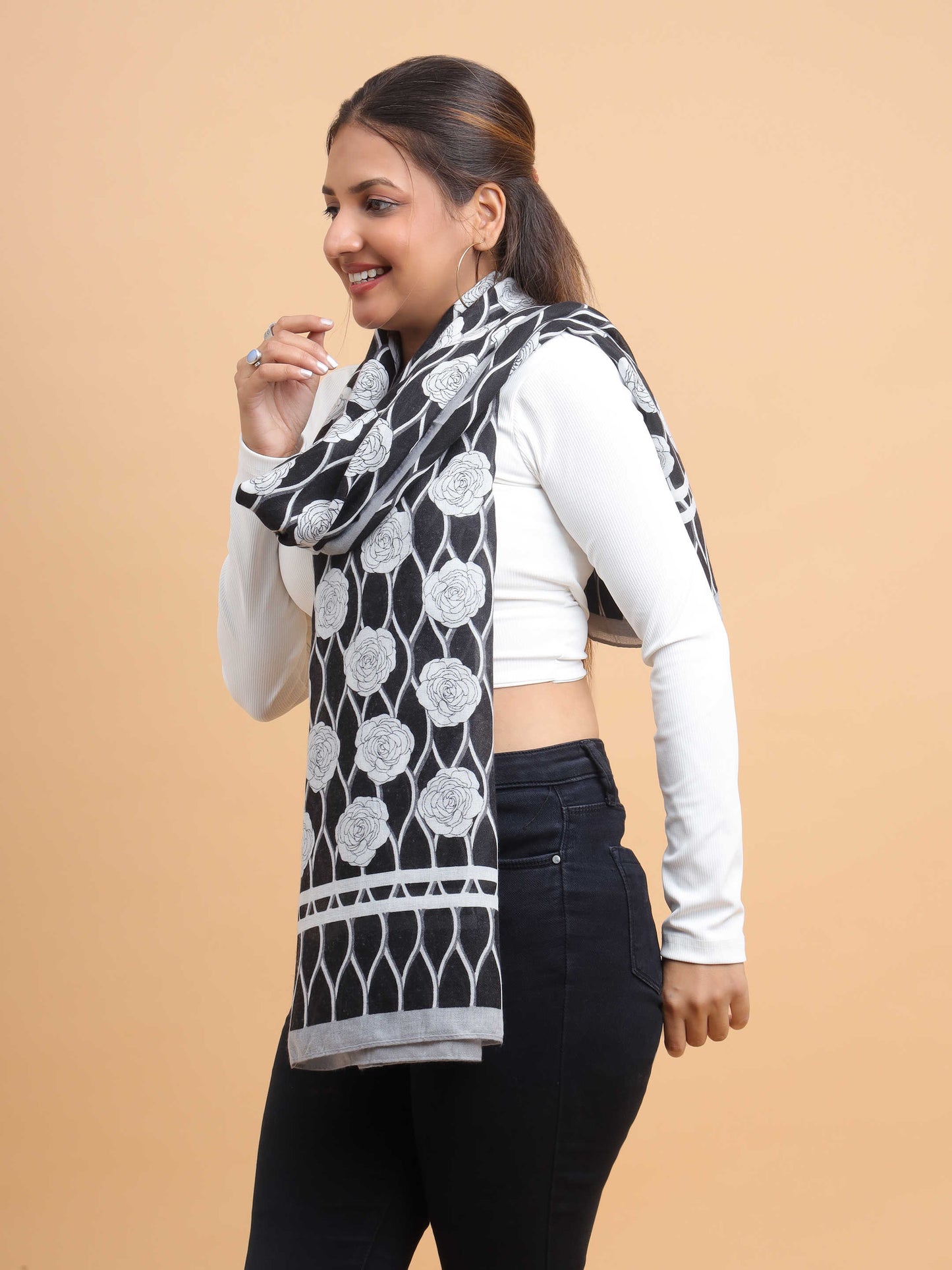 Black & White Floral Lattice 100% Viscose Scarf