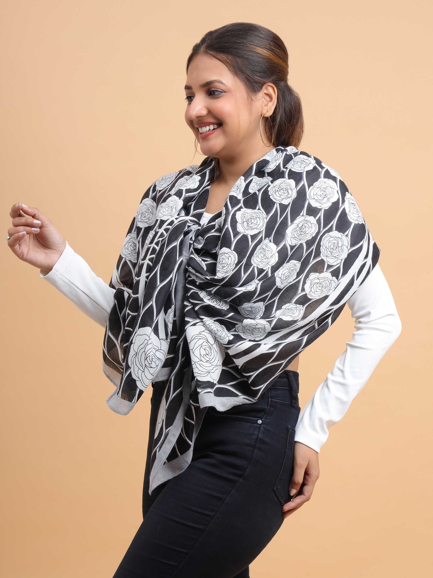Black & White Floral Lattice 100% Viscose Scarf