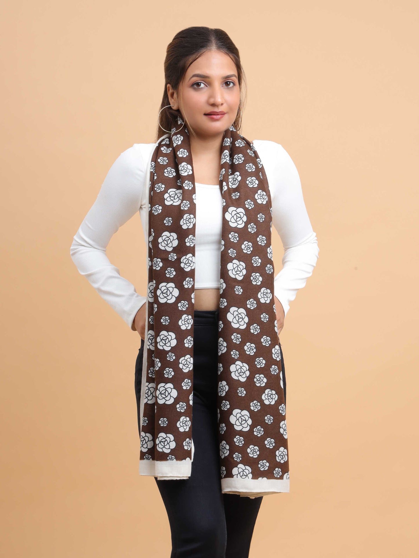 Brown & White Floral Motif 100% Viscose Scarf