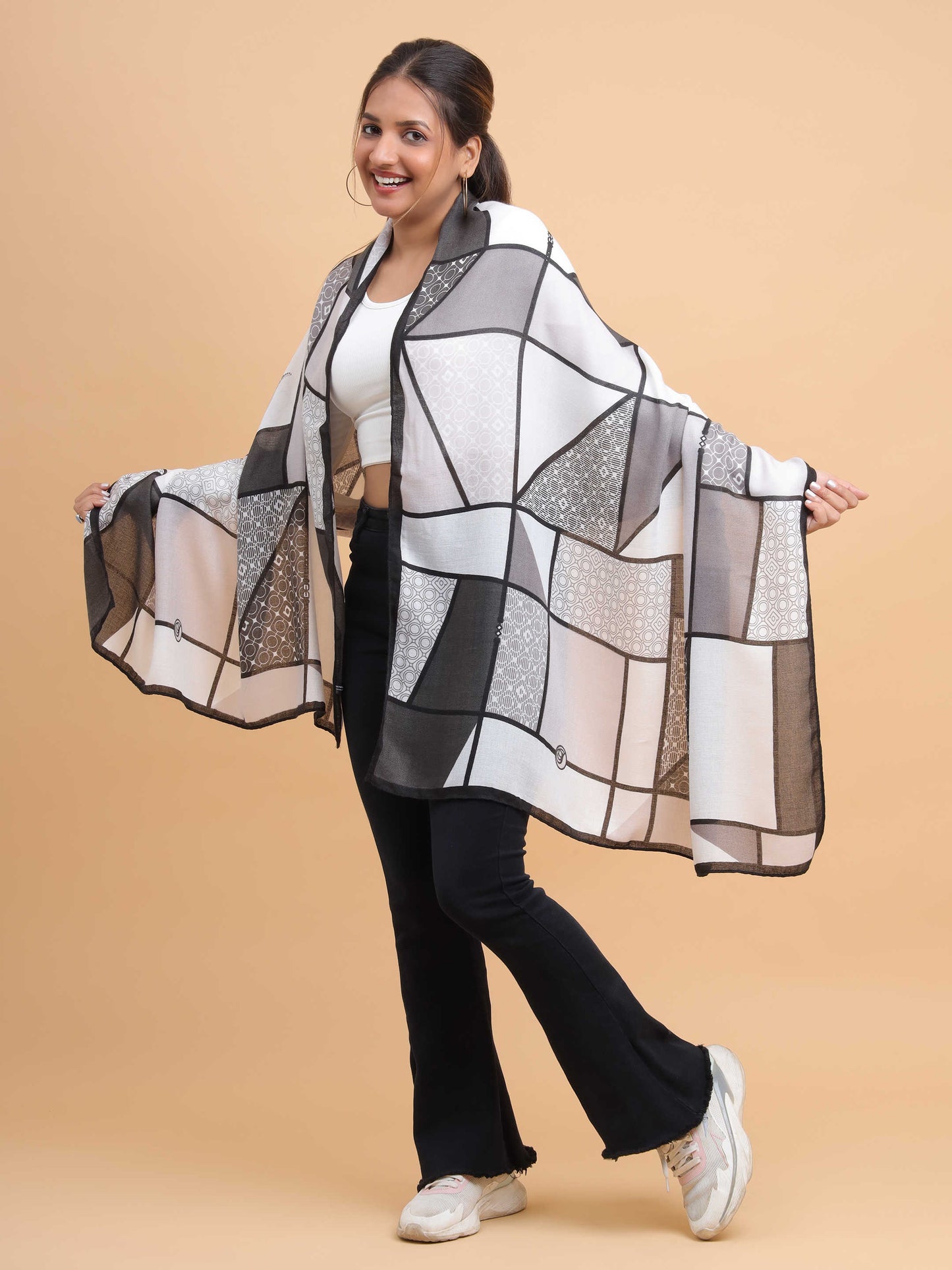 Black & Grey Abstract Geometric 100% Viscose Scarf