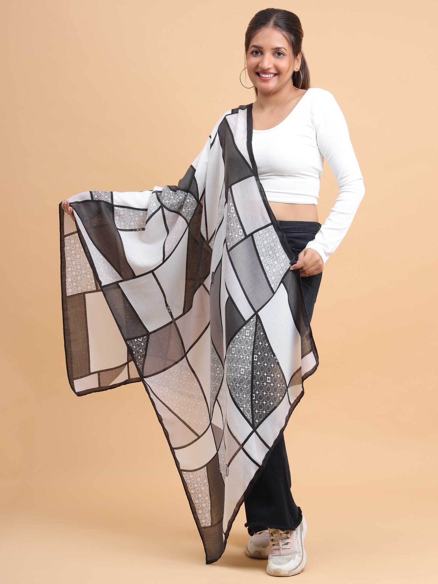 Black & Grey Abstract Geometric 100% Viscose Scarf