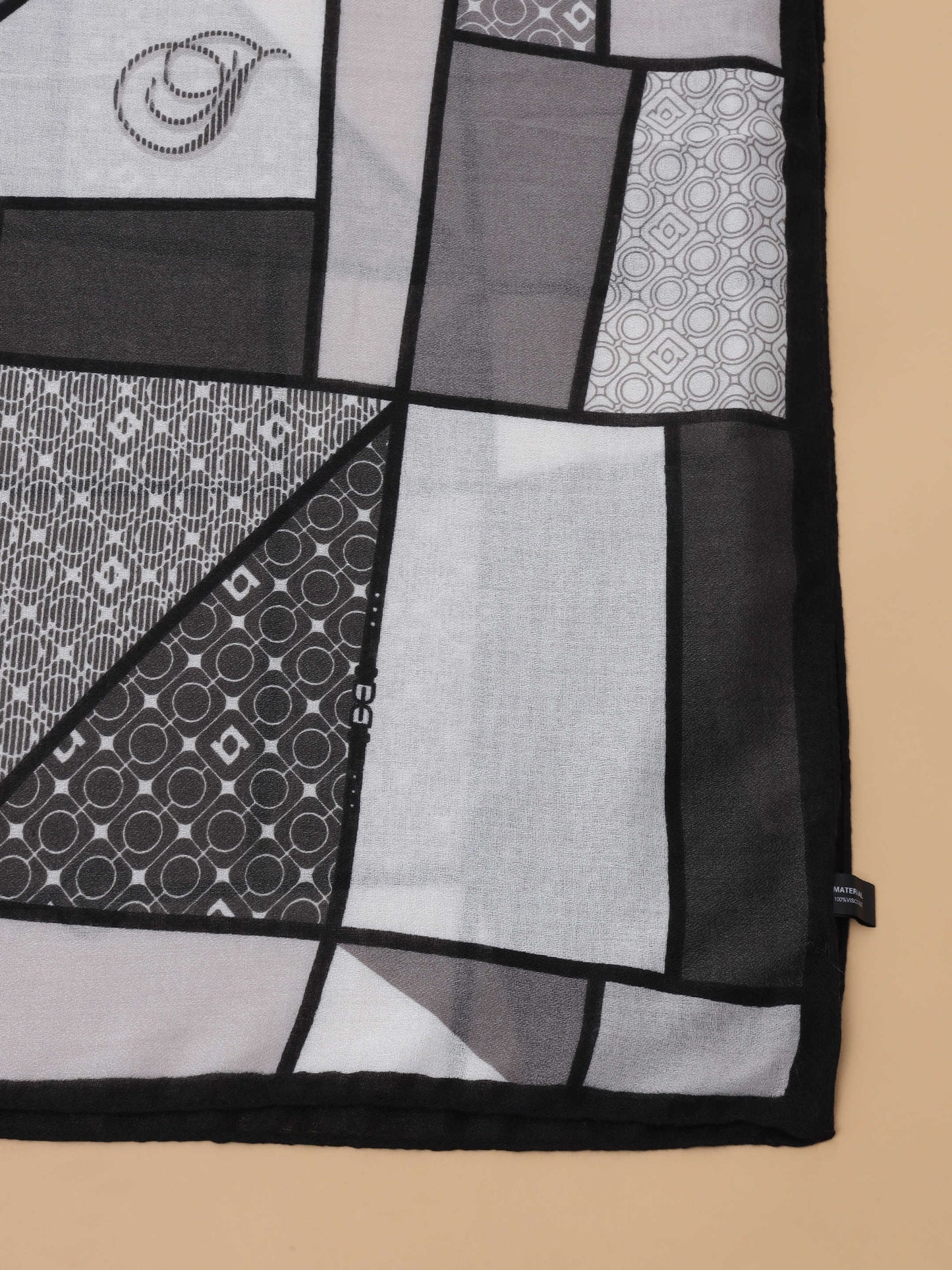 Black & Grey Abstract Geometric 100% Viscose Scarf