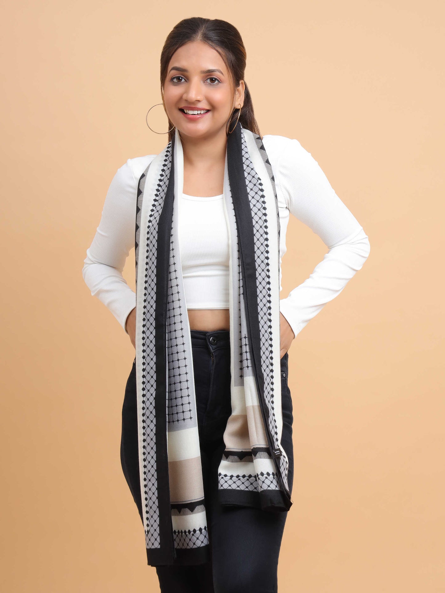 Grey & Beige Geometric Border 100% Viscose Scarf