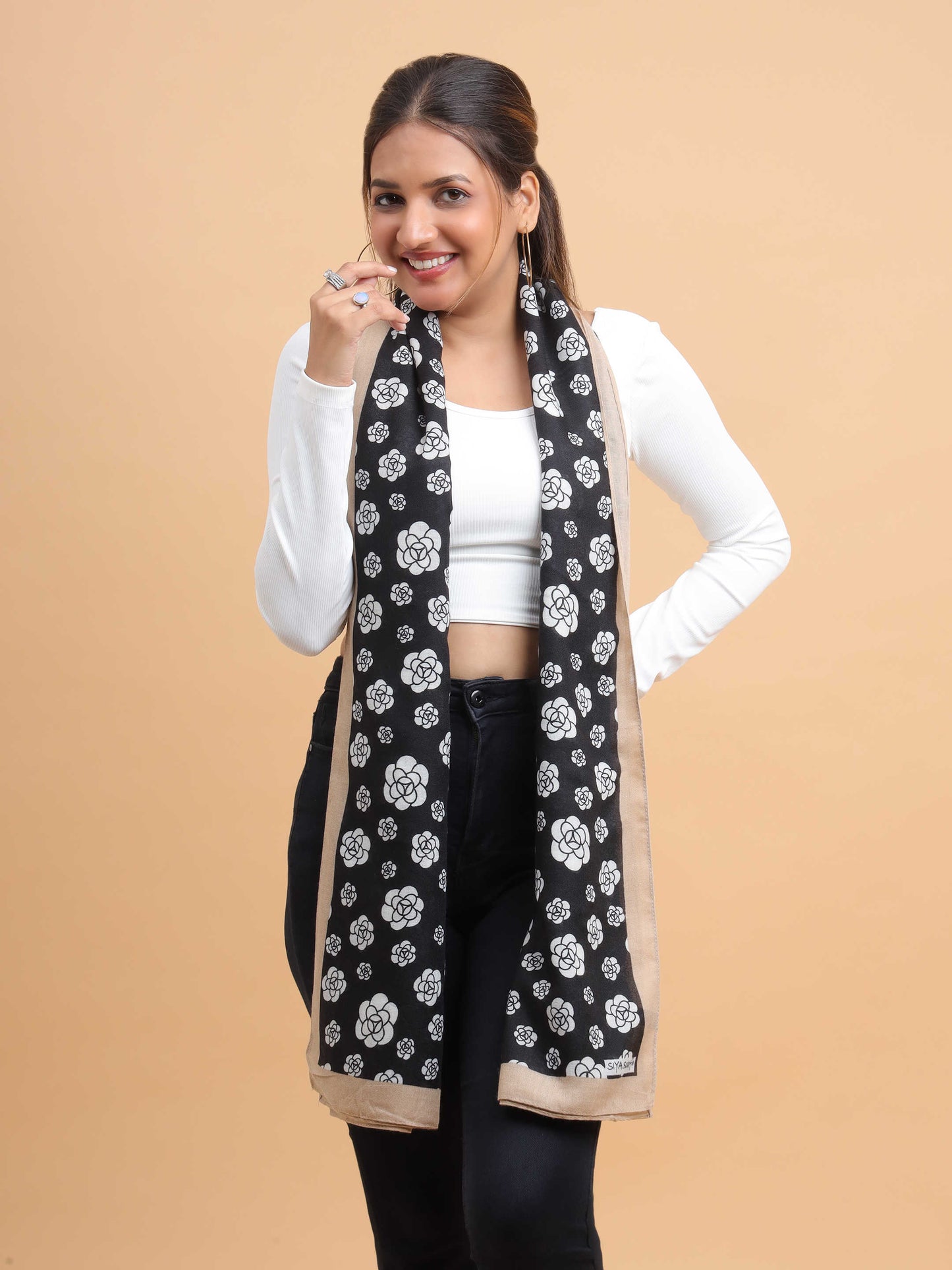 Black & White Floral Repeat 100% Viscose Scarf