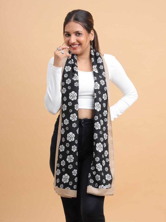 Black & White Floral Repeat 100% Viscose Scarf
