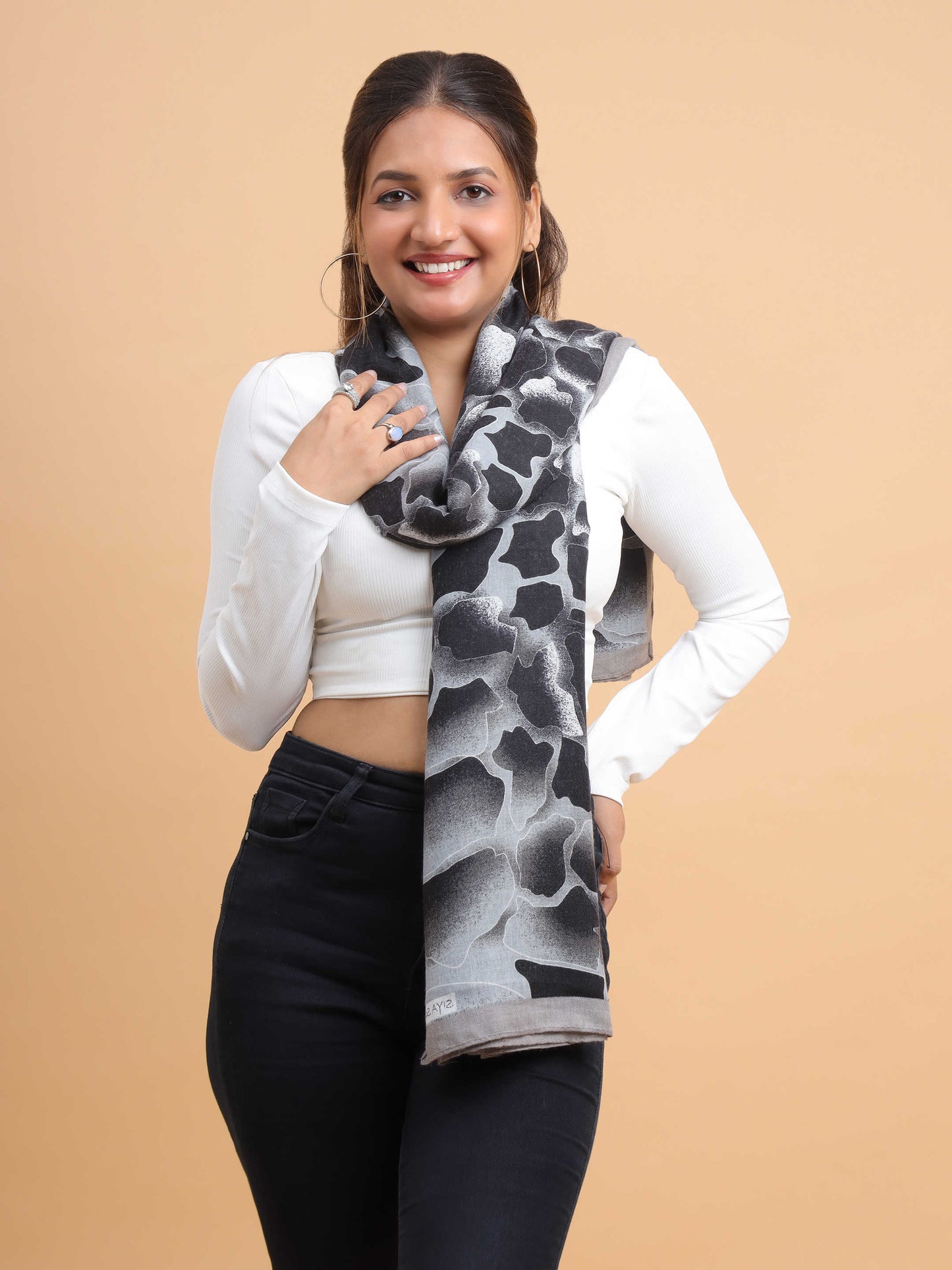 Black & Grey Cracked Glass 100% Viscose Scarf