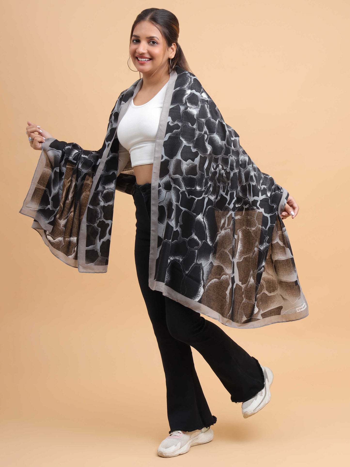 Black & Grey Cracked Glass 100% Viscose Scarf