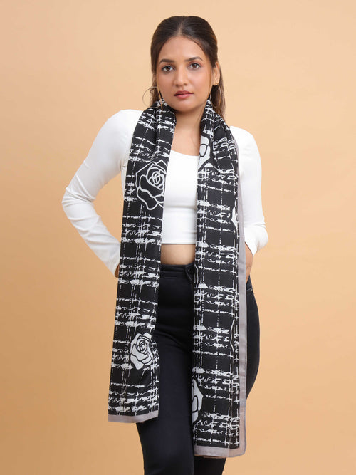 Black & Grey Rose Grid 100% Viscose Scarf