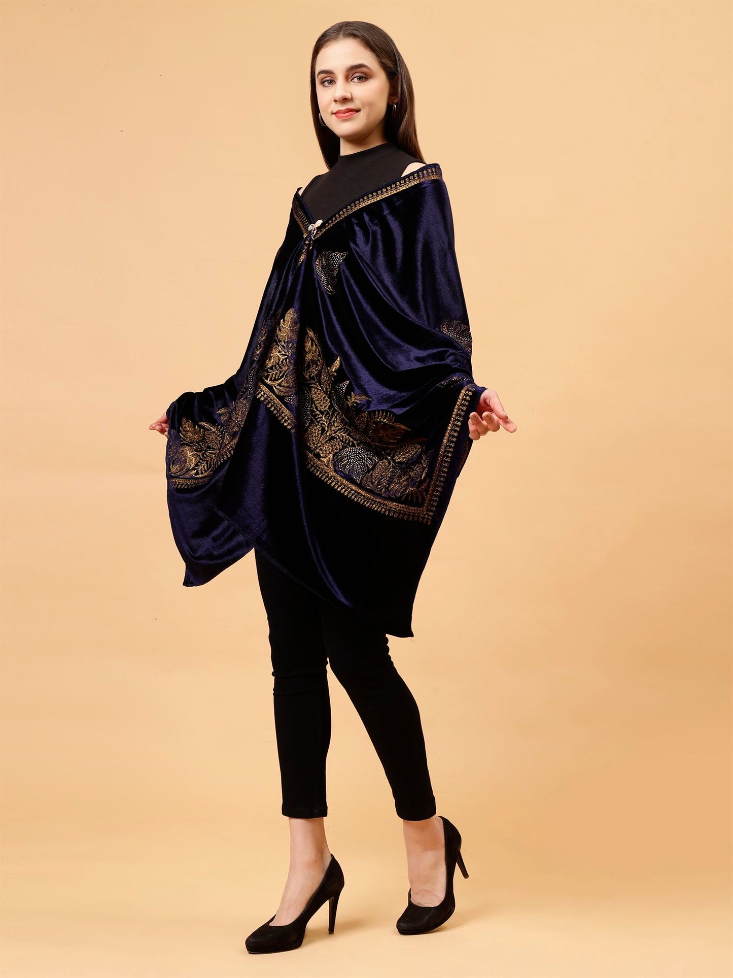 Blue Embroidered Velvet Stole - MCHSVD1601BL