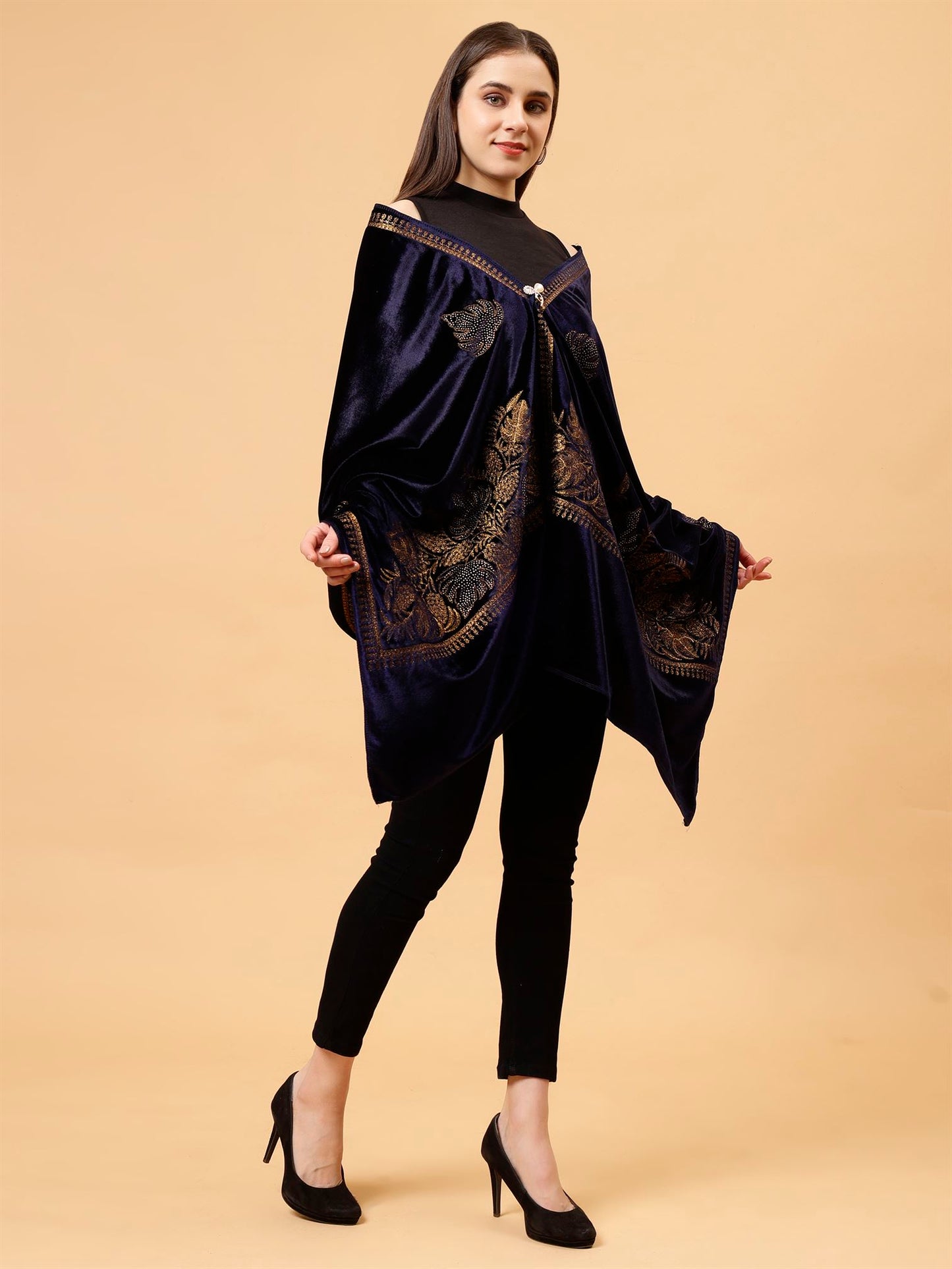 Blue Embroidered Velvet Stole - MCHSVD1601BL