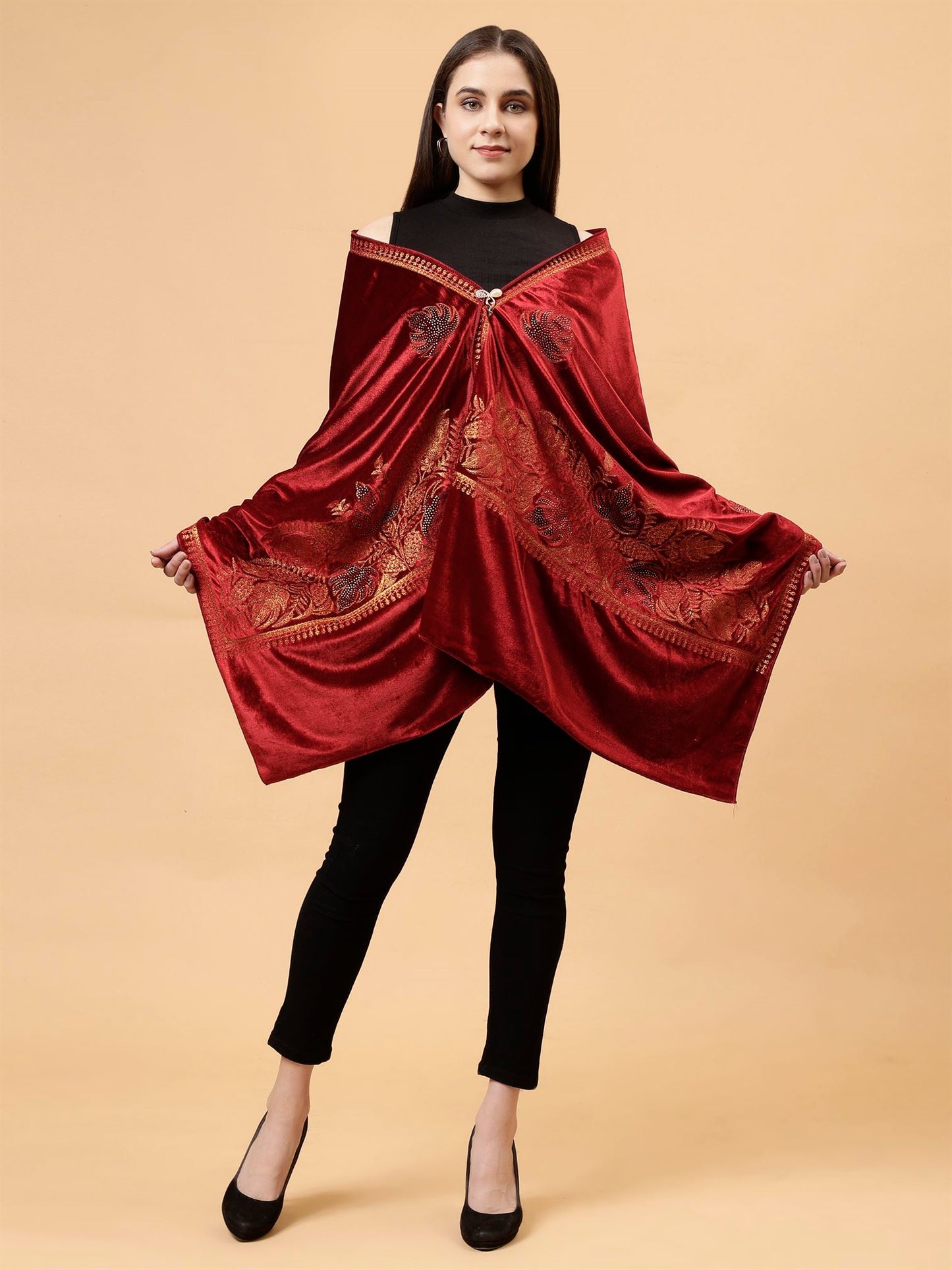 Maroon Embroidered Velvet Stole - MCHSVD1601M