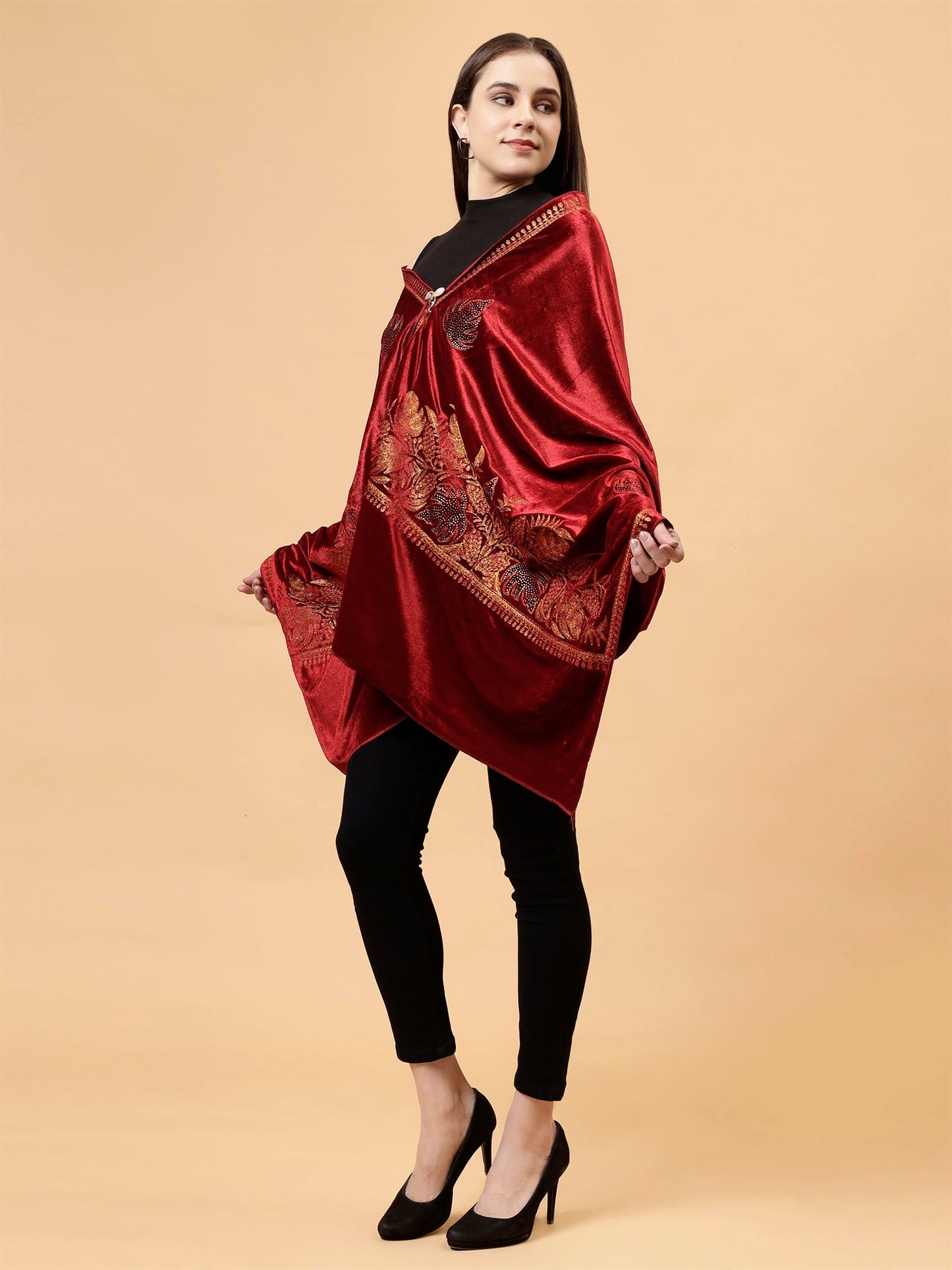 Maroon Embroidered Velvet Stole - MCHSVD1601M