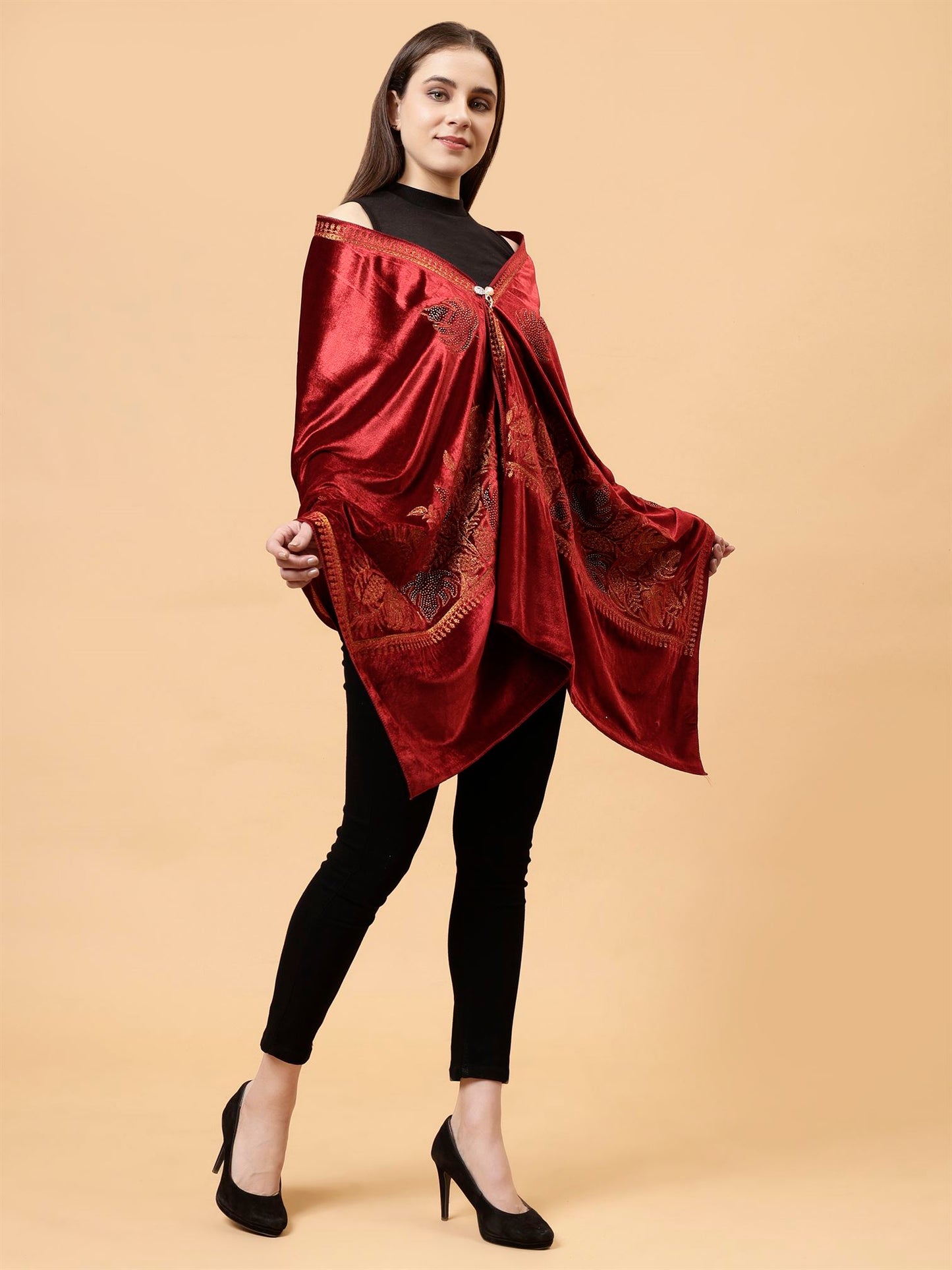 Maroon Embroidered Velvet Stole - MCHSVD1601M