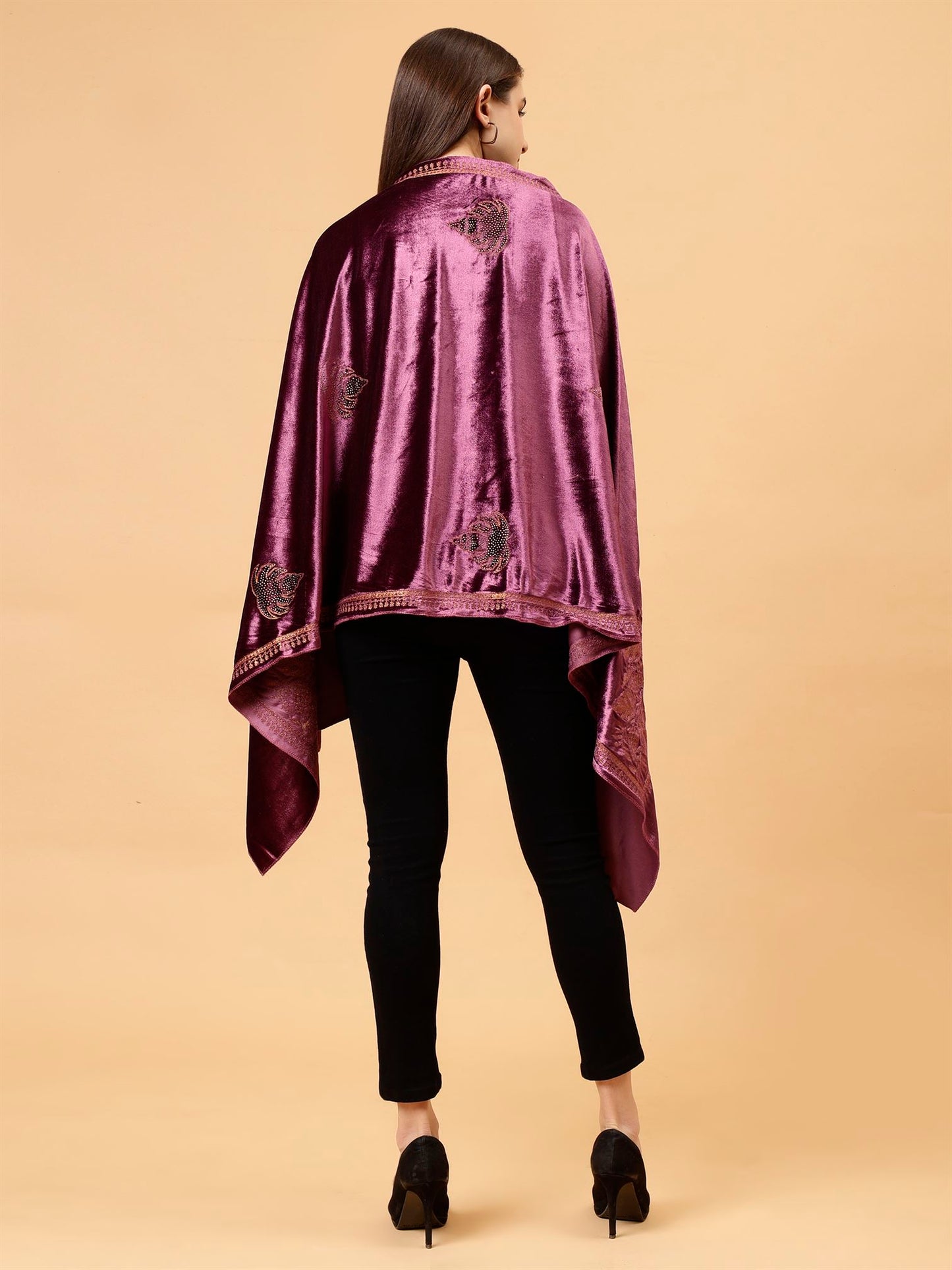 Purple Embroidered Velvet Stole - MCHSVD1601PUR