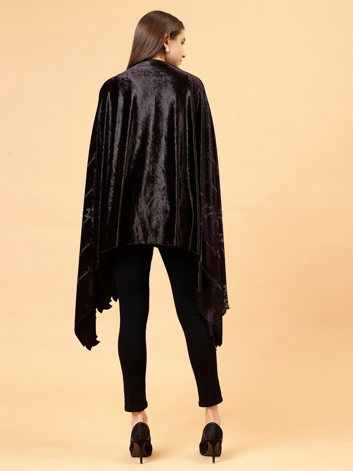 Black Embroidered Velvet Stole - MCHSVD1603BK