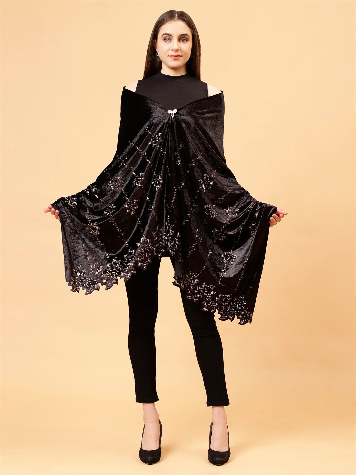 Black Embroidered Velvet Stole - MCHSVD1603BK