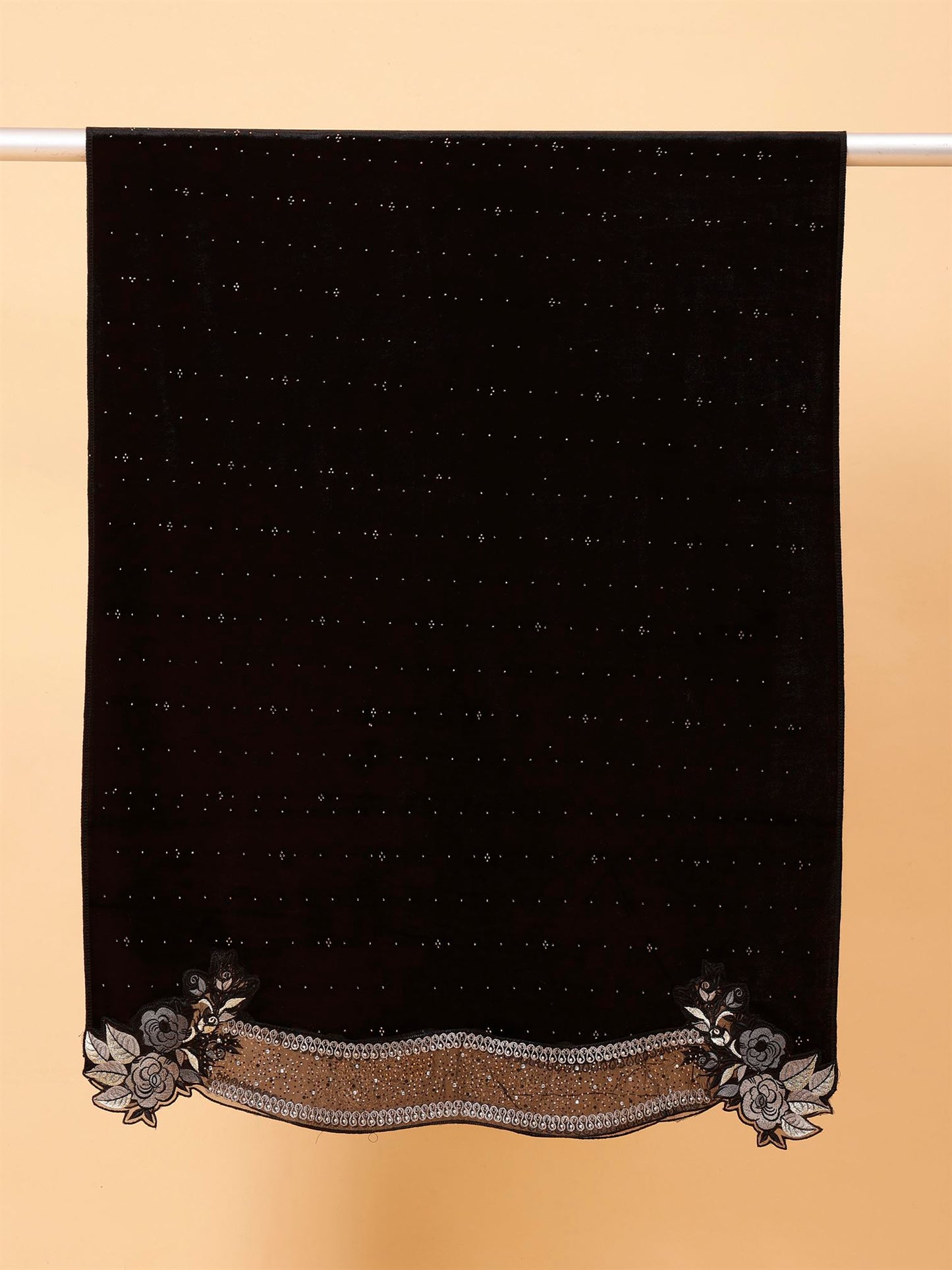 Black Embroidered Velvet Stole - MCHSVD1610BK