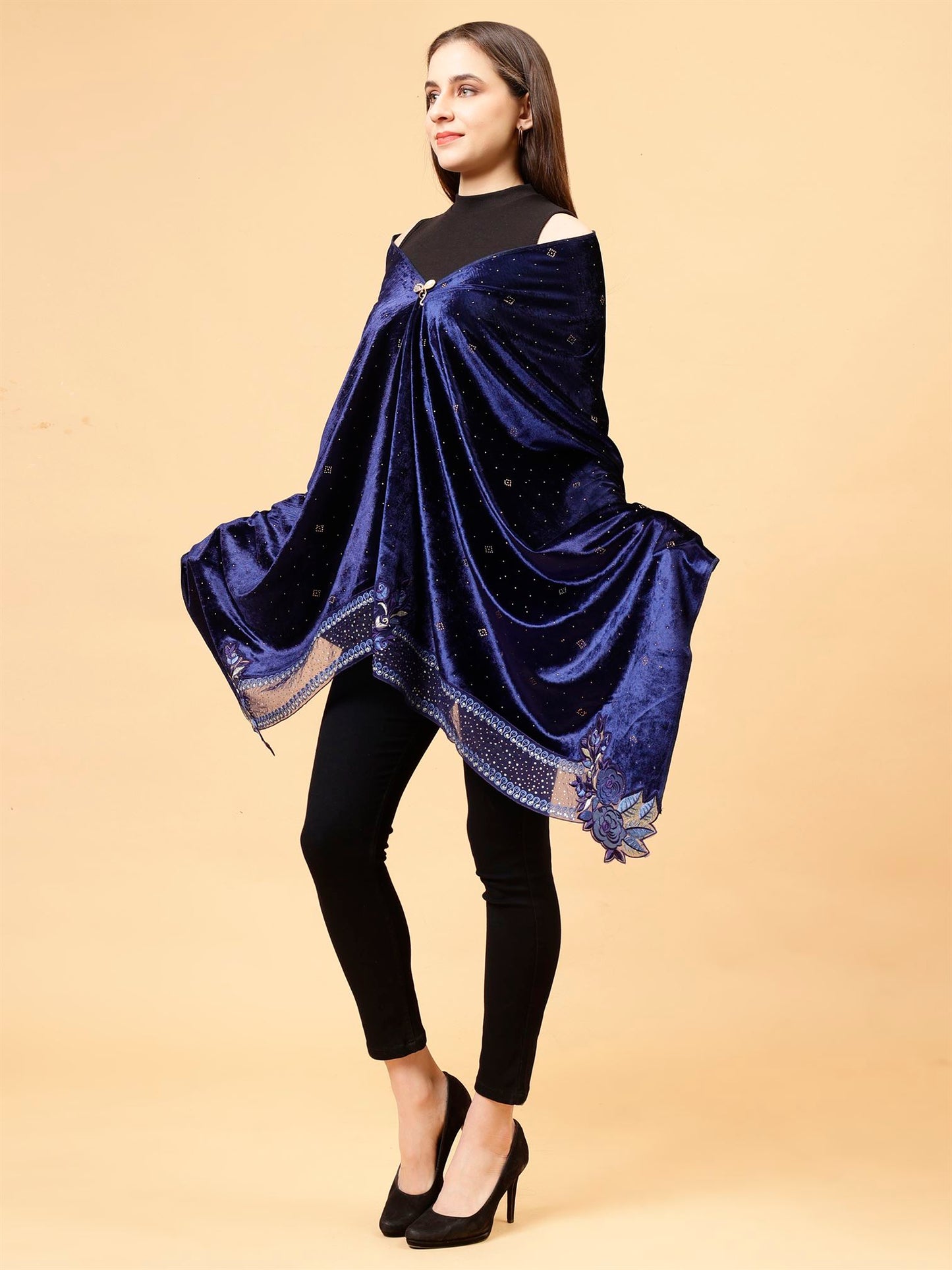 Blue Embroidered Velvet Stole - MCHSVD1610BL