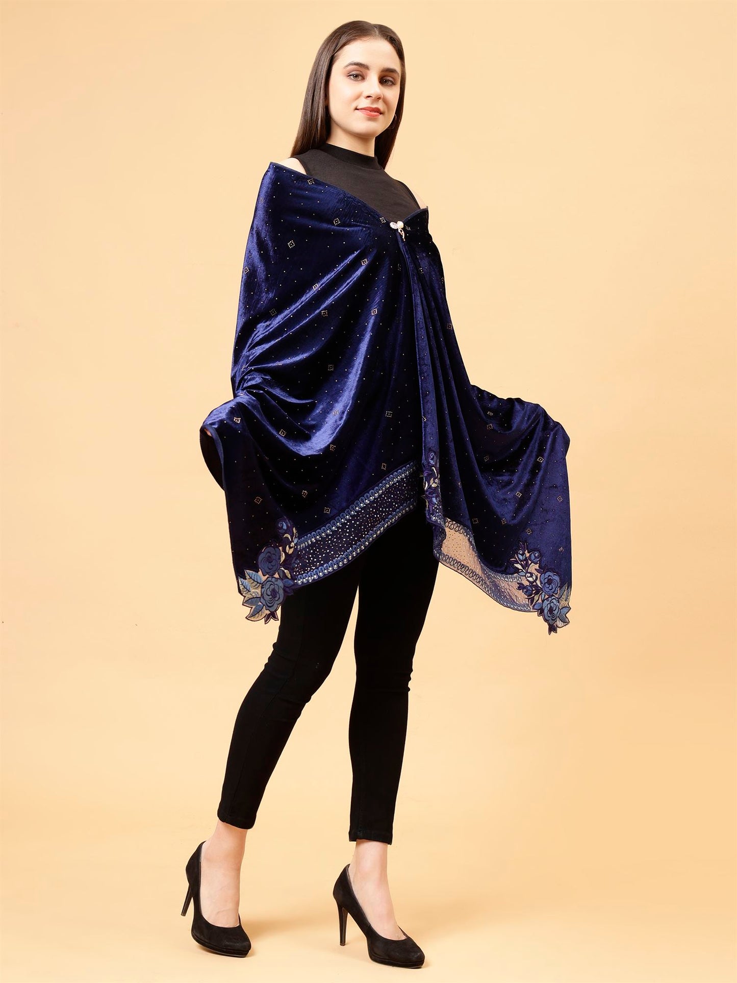 Blue Embroidered Velvet Stole - MCHSVD1610BL