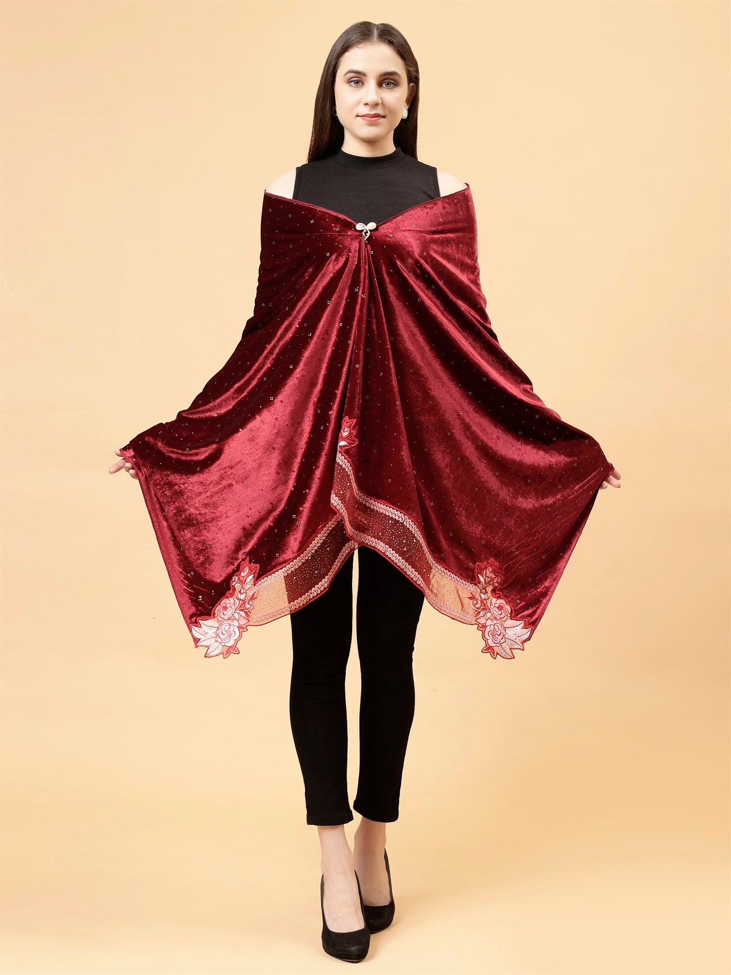 Maroon Embroidered Velvet Stole - MCHSVD1610M