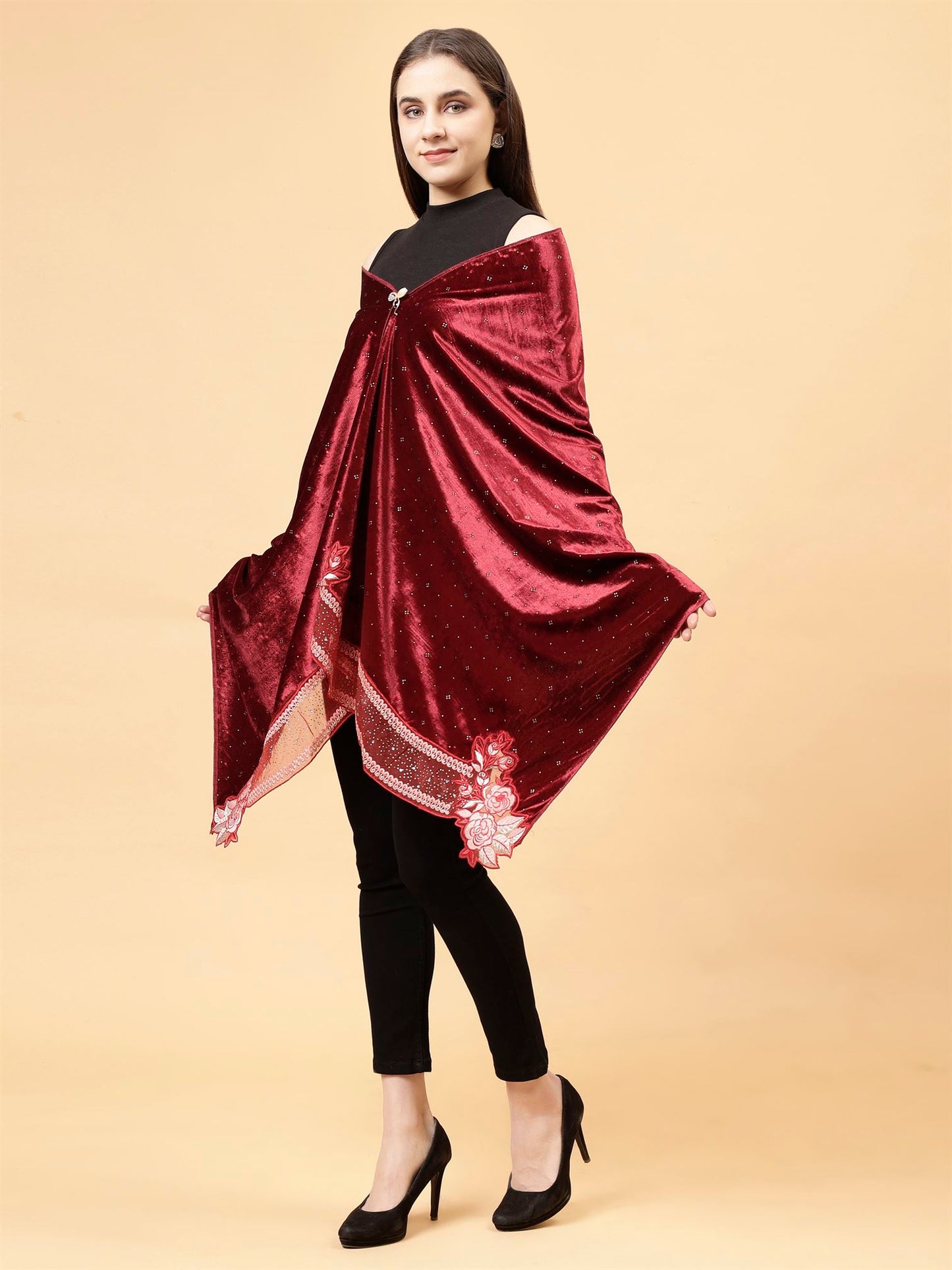 Maroon Embroidered Velvet Stole - MCHSVD1610M