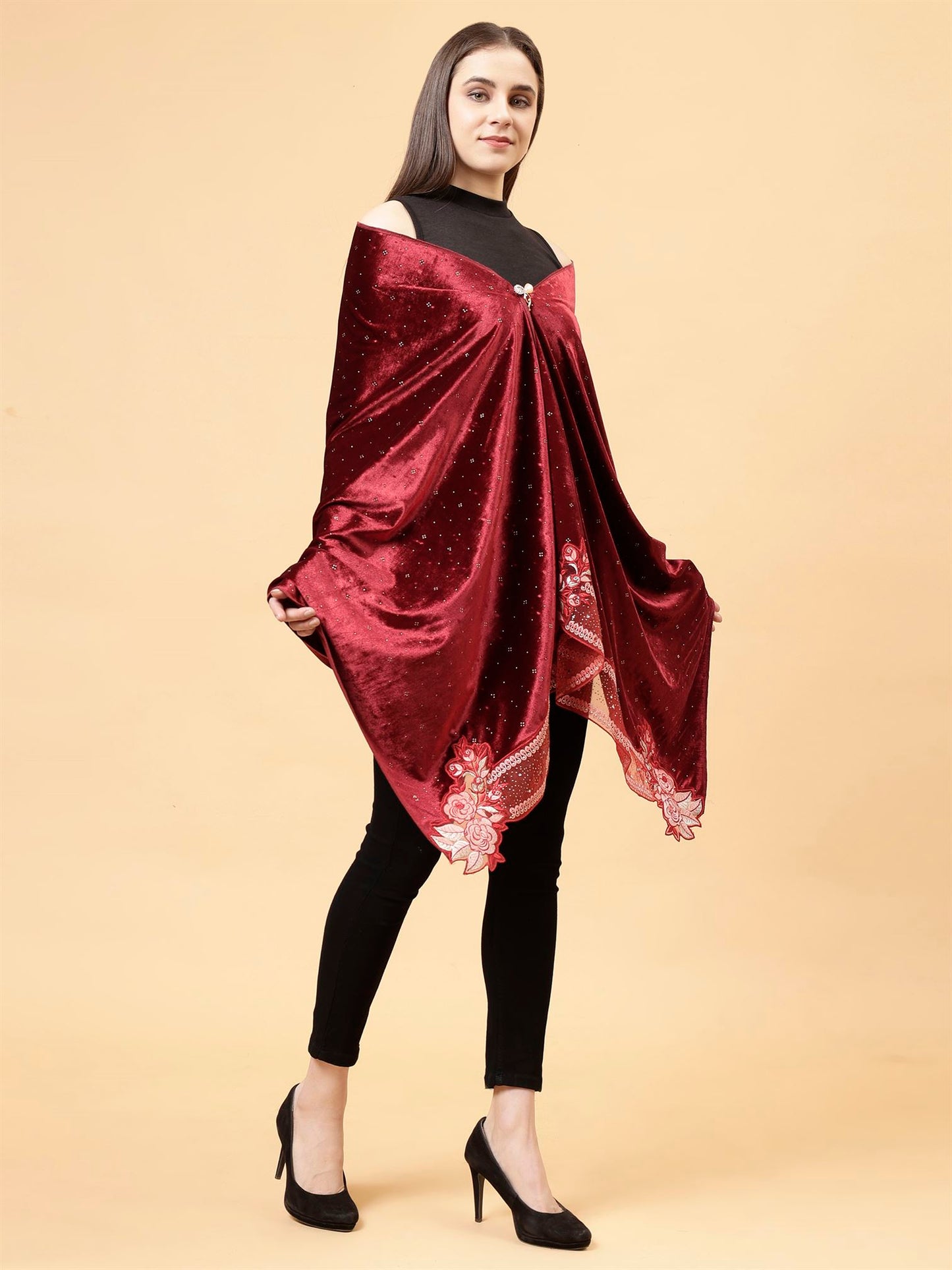 Maroon Embroidered Velvet Stole - MCHSVD1610M