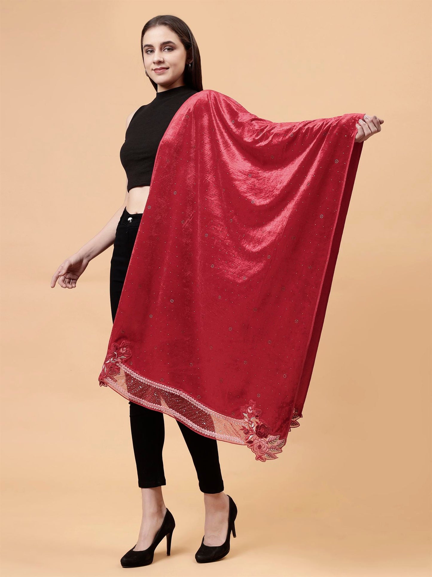 Red Embroidered Velvet Stole - MCHSVD1610R