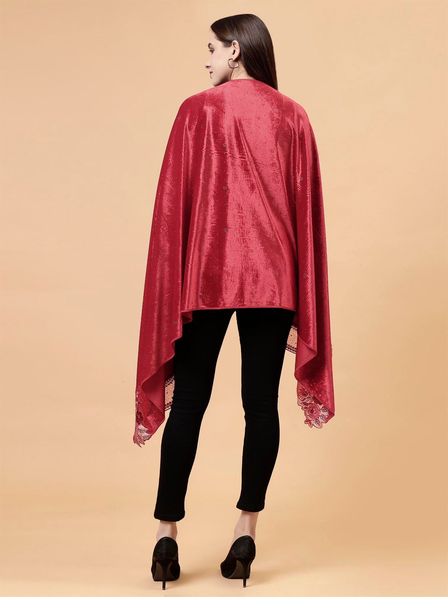 Red Embroidered Velvet Stole - MCHSVD1610R