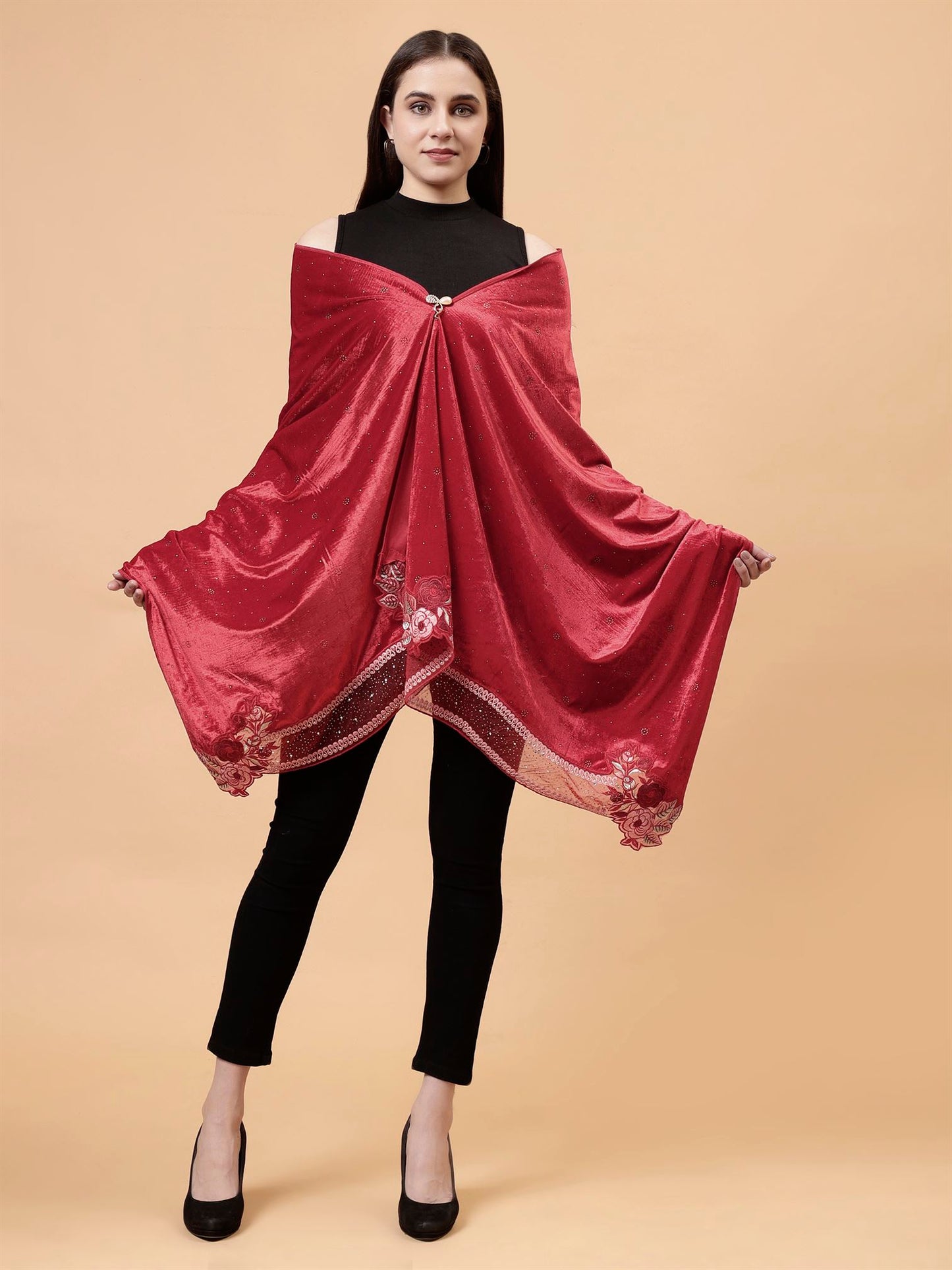 Red Embroidered Velvet Stole - MCHSVD1610R