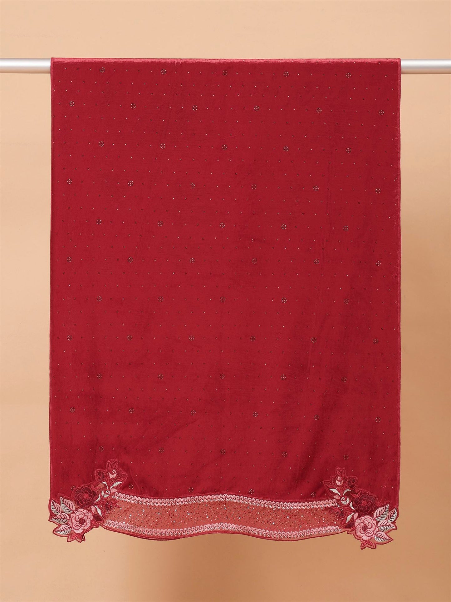 Red Embroidered Velvet Stole - MCHSVD1610R