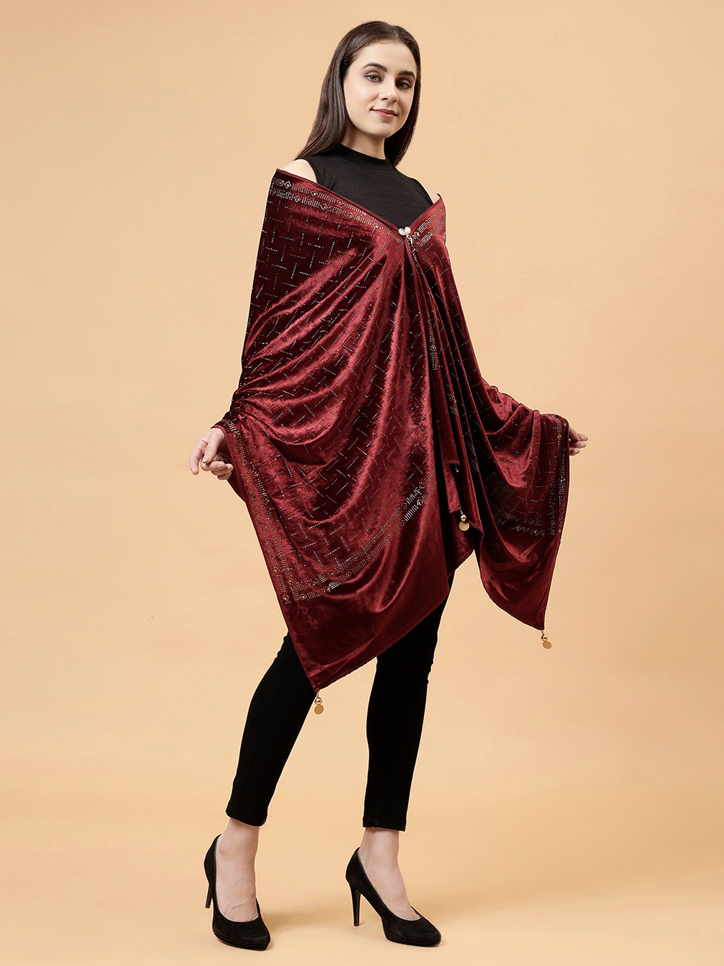 Maroon Embroidered Velvet Stole - MCHSVD1611M