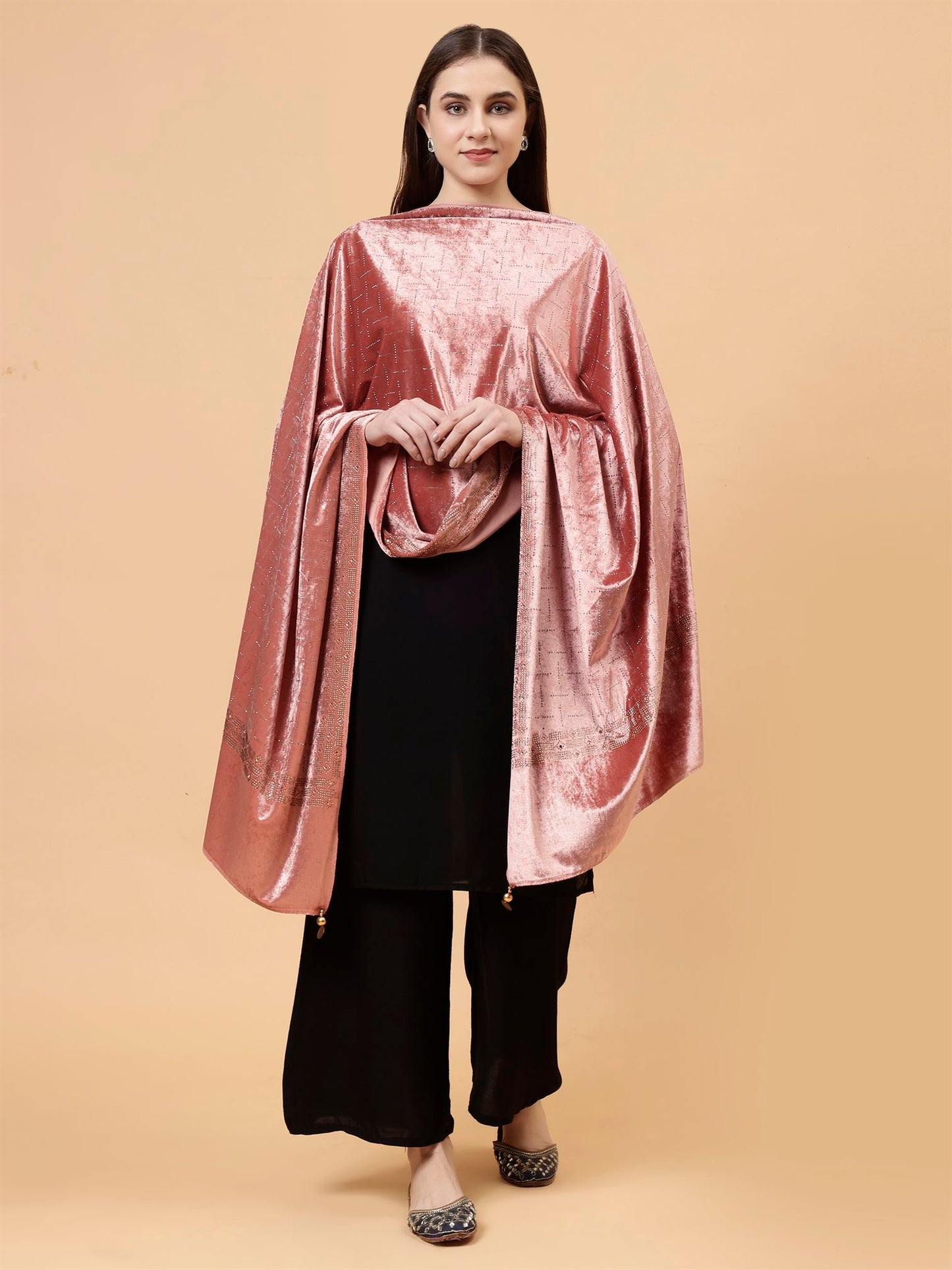 Peach Embroidered Velvet Stole - MCHSVD1611PCH