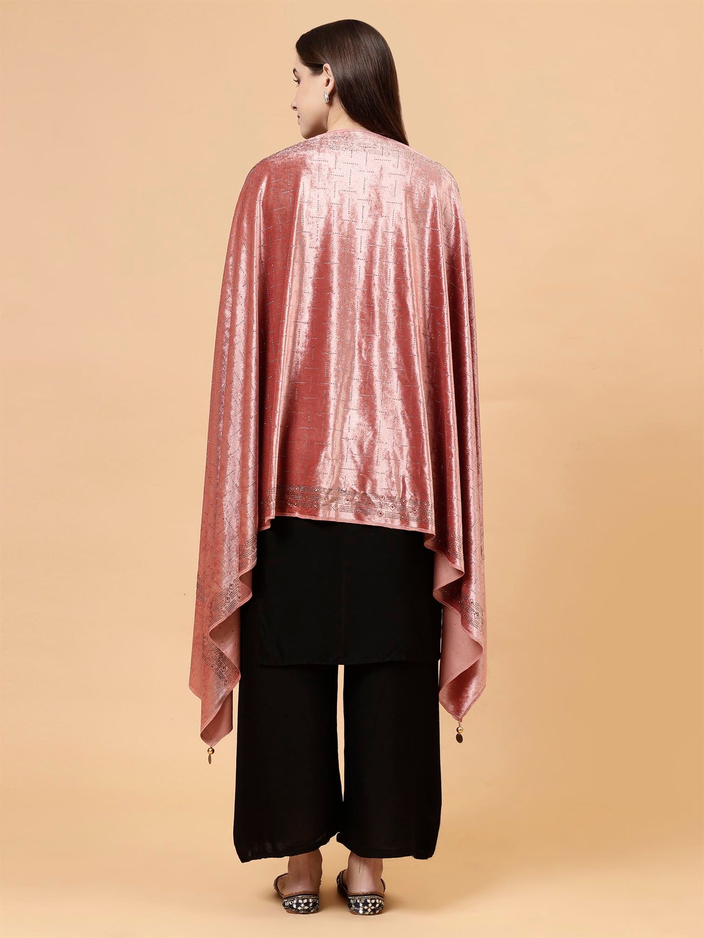 Peach Embroidered Velvet Stole - MCHSVD1611PCH