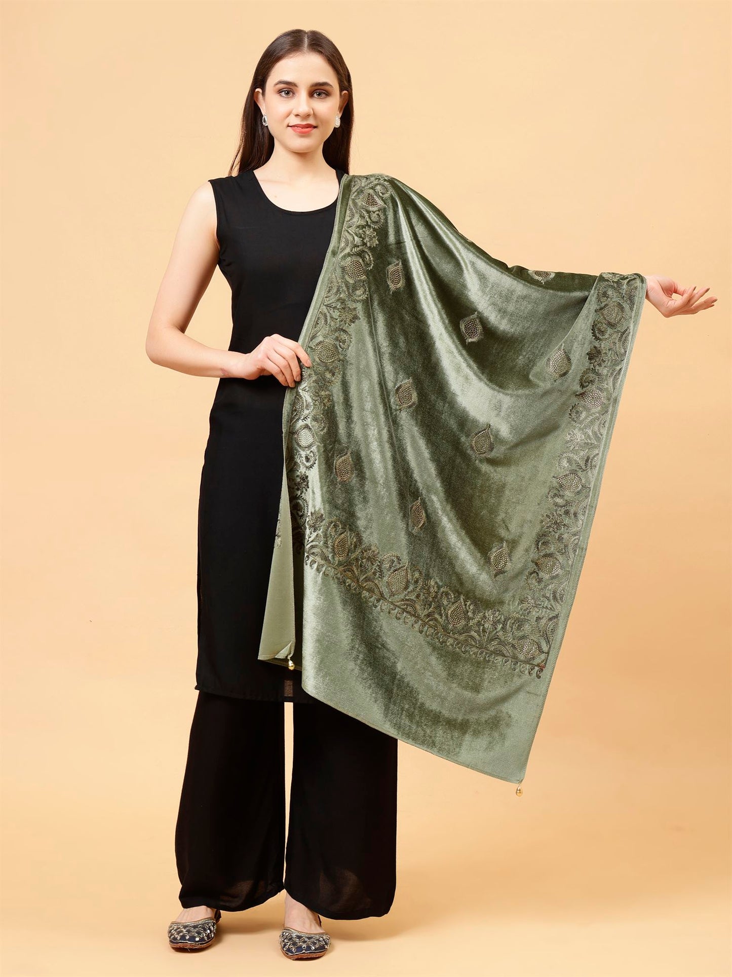 Olive Green Embroidered Velvet Stole - MCHSVD1631G