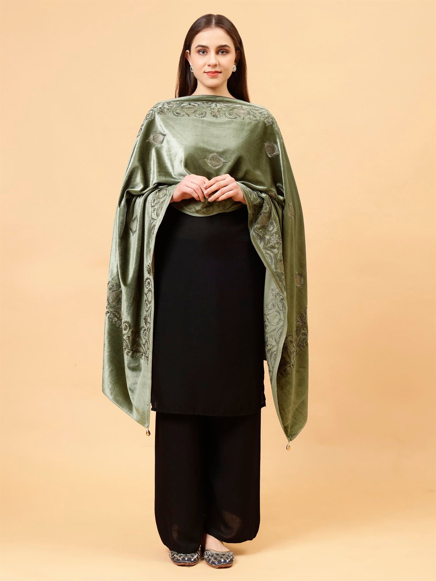 Olive Green Embroidered Velvet Stole - MCHSVD1631G