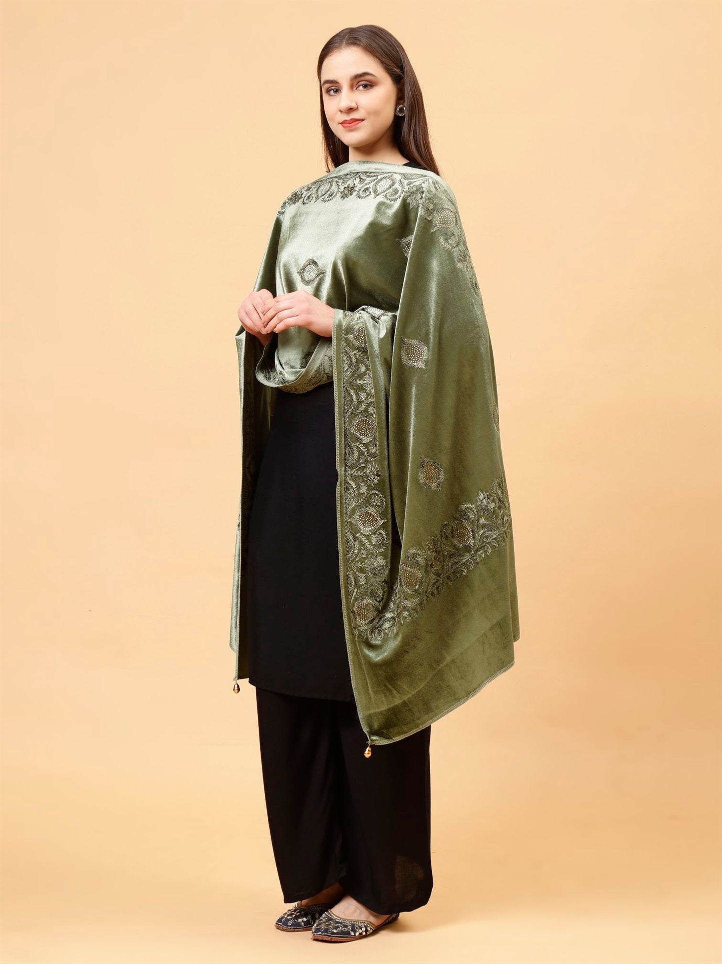 Olive Green Embroidered Velvet Stole - MCHSVD1631G