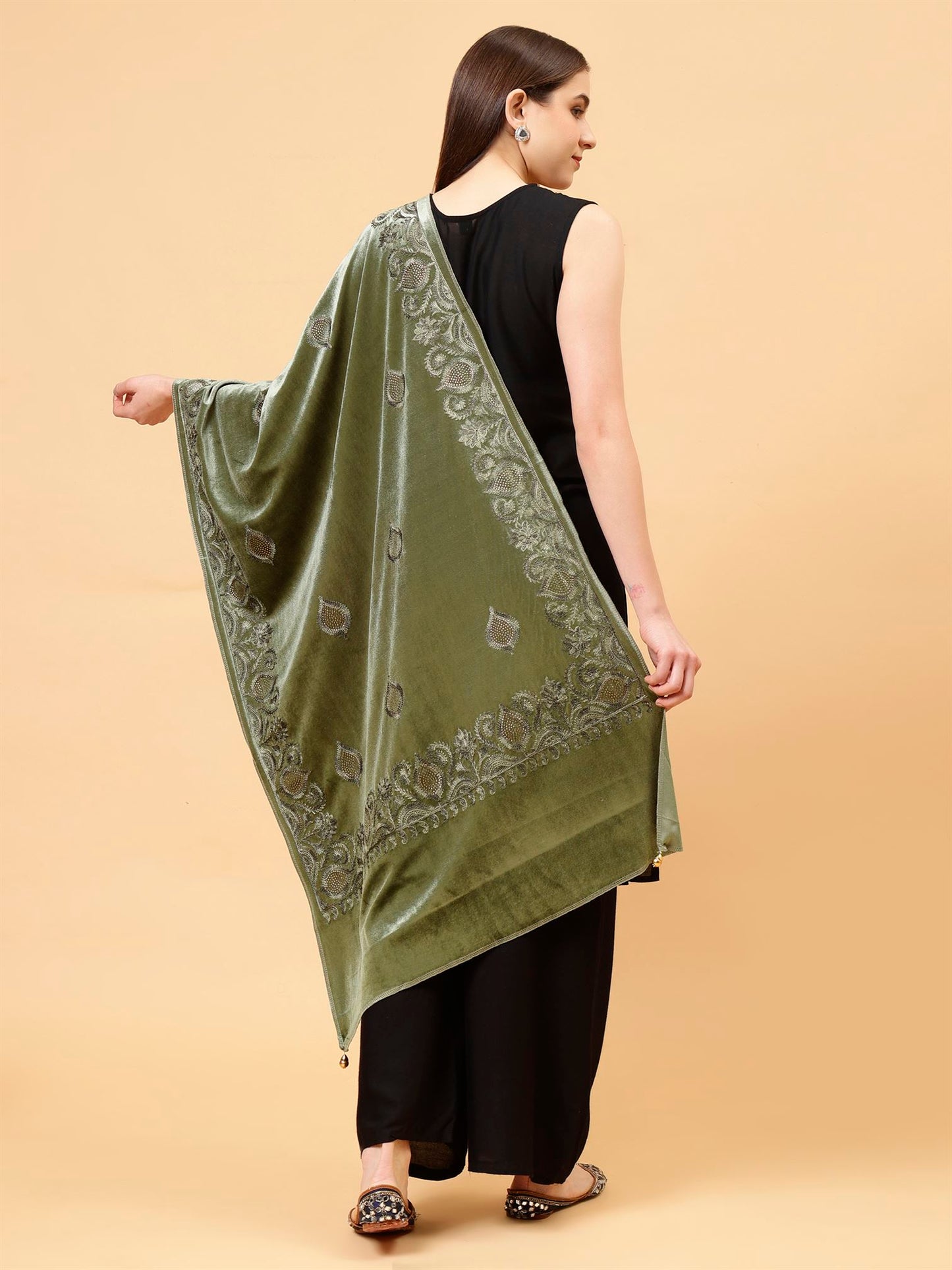 Olive Green Embroidered Velvet Stole - MCHSVD1631G