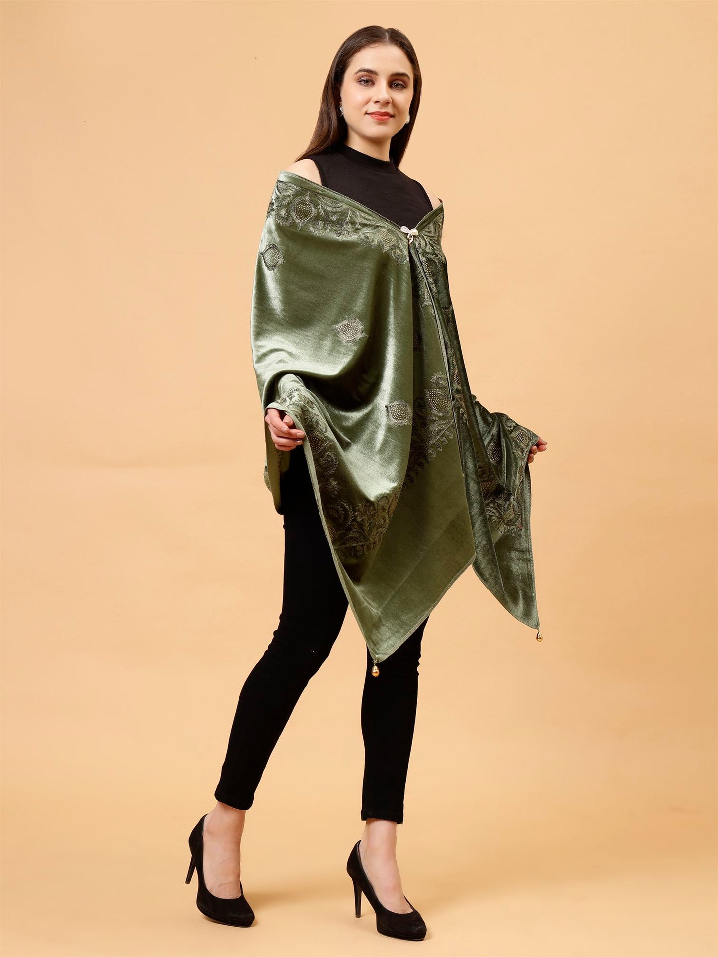 Olive Green Embroidered Velvet Stole - MCHSVD1631G