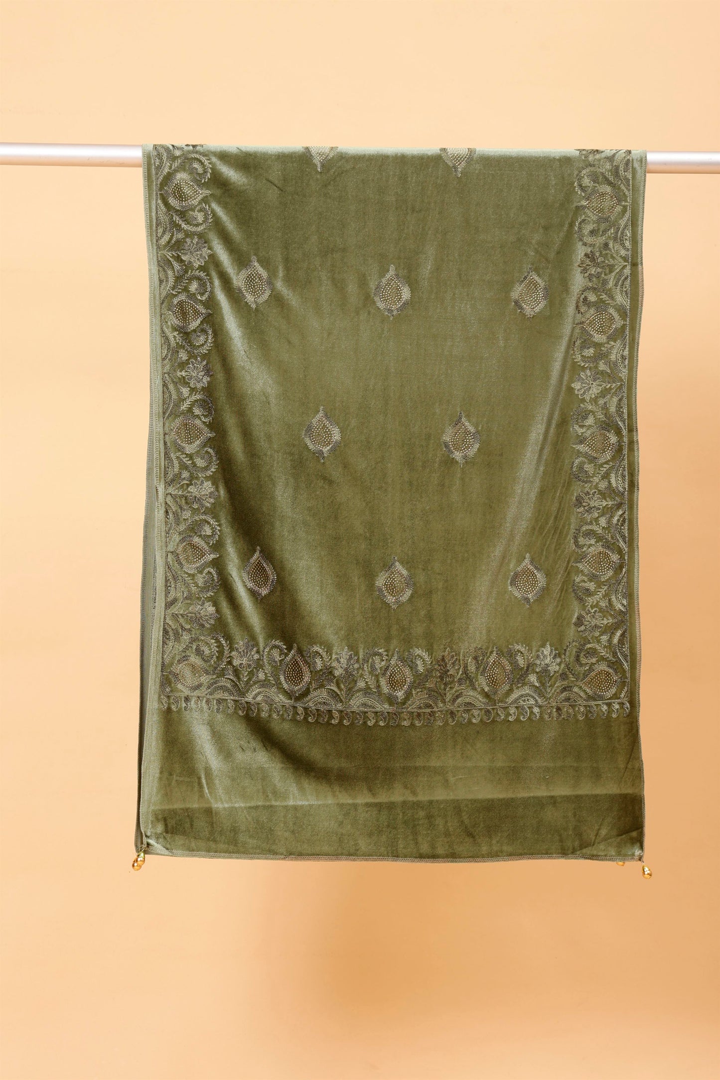Olive Green Embroidered Velvet Stole - MCHSVD1631G