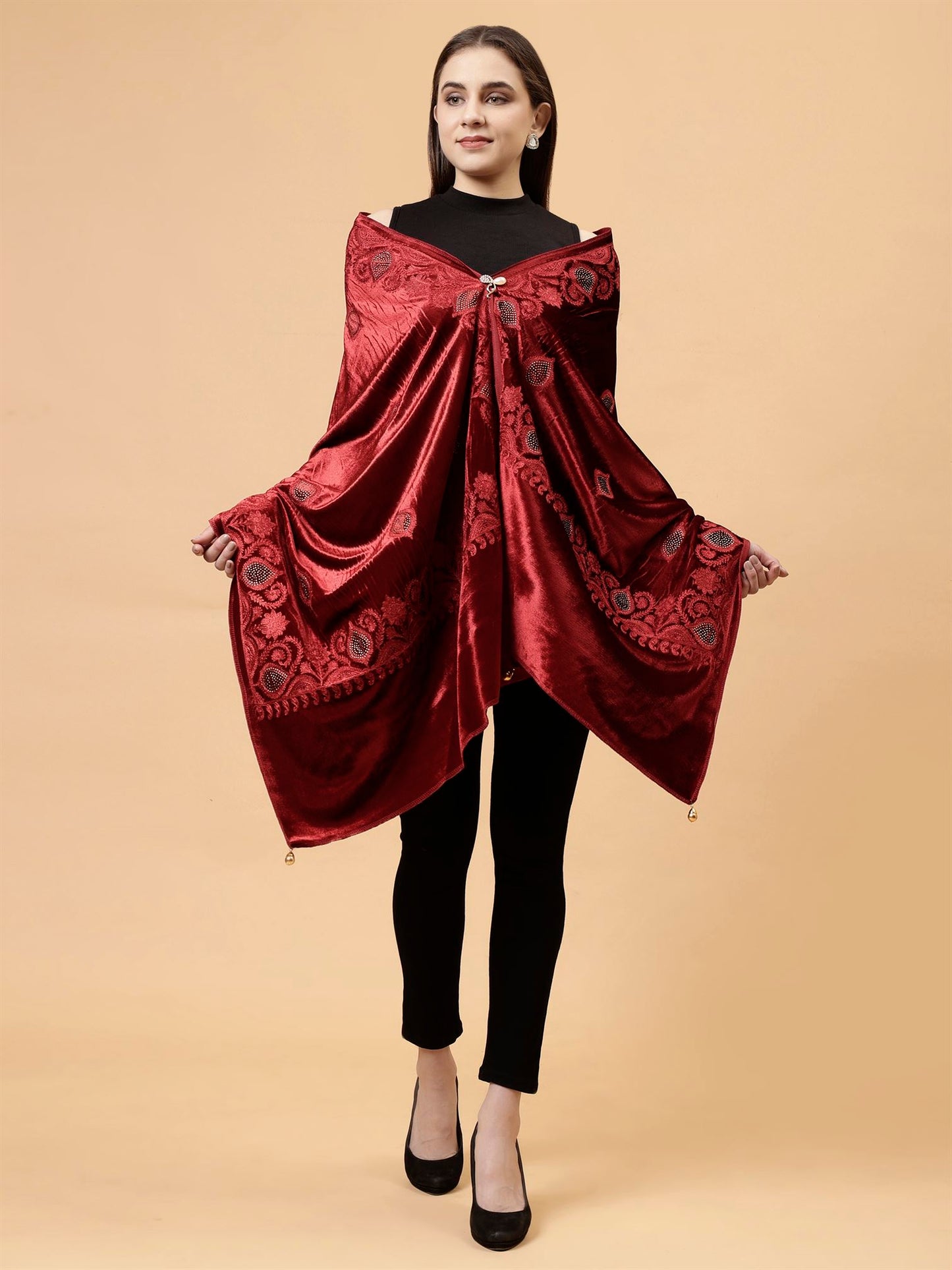 Maroon Embroidered Velvet Stole - MCHSVD1631M