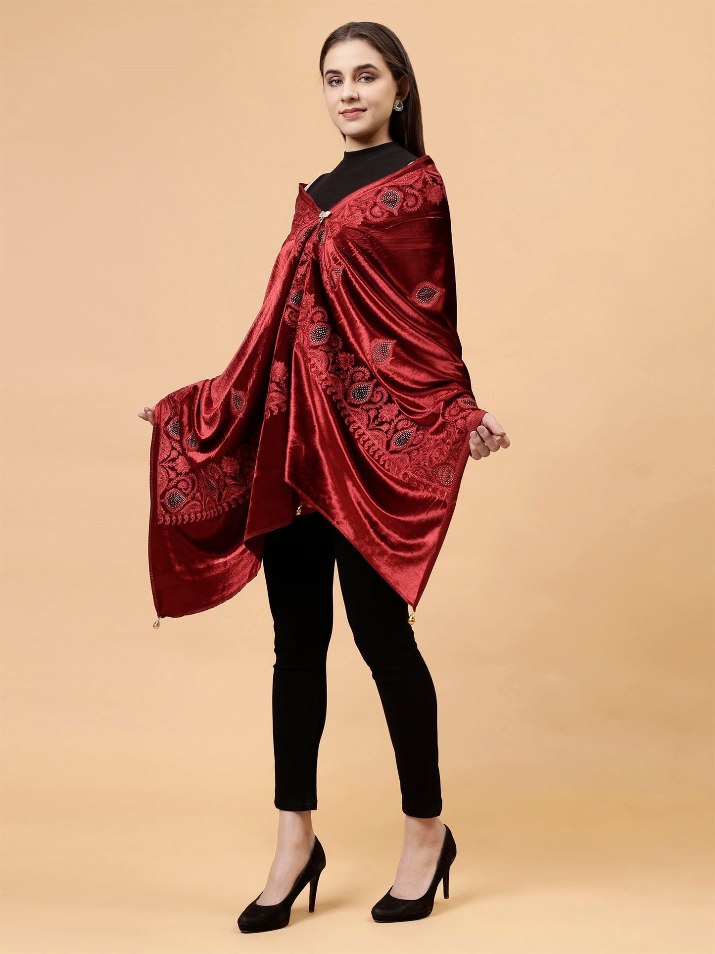 Maroon Embroidered Velvet Stole - MCHSVD1631M