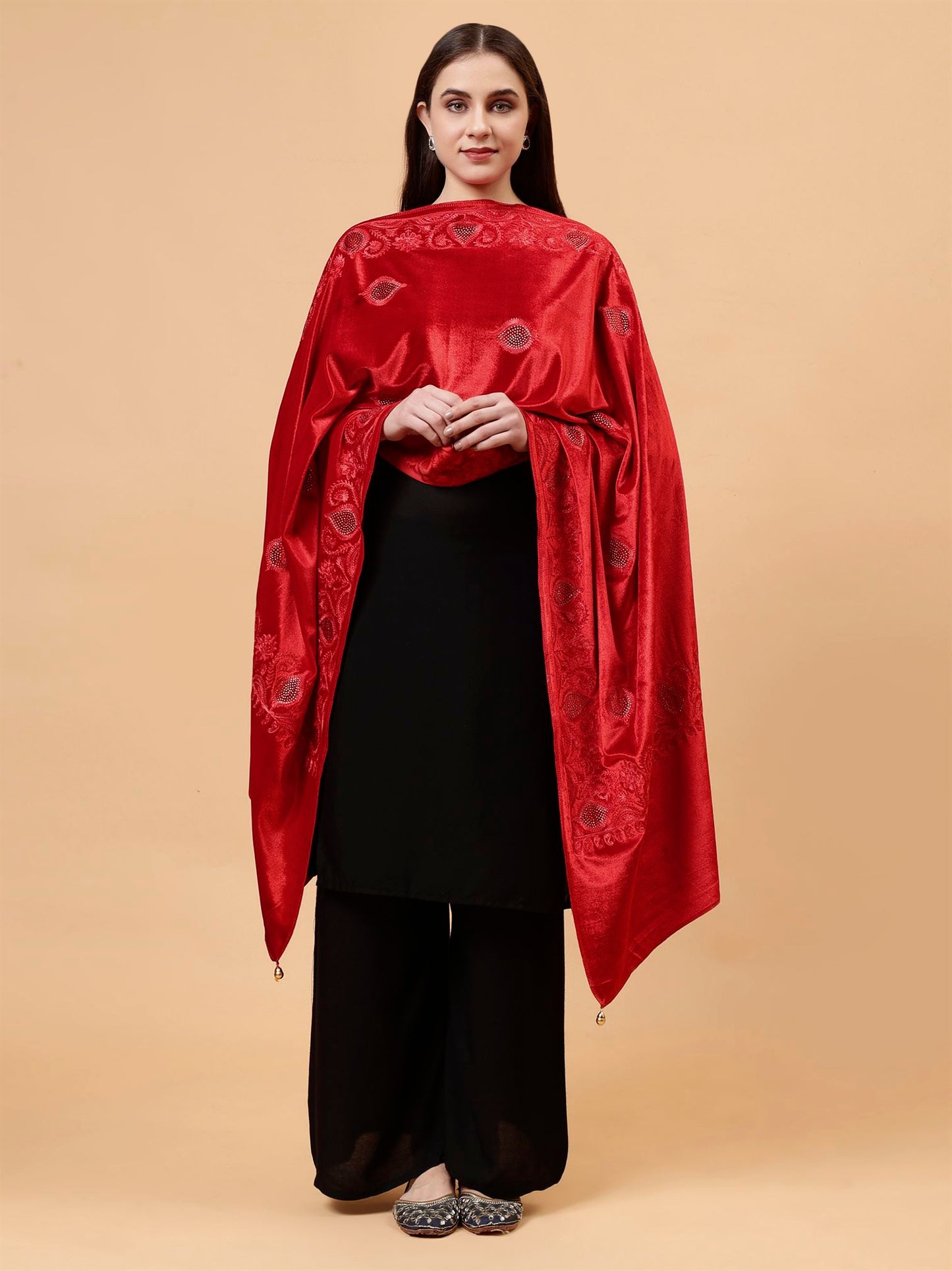 Red Embroidered Velvet Stole - MCHSVD1631R