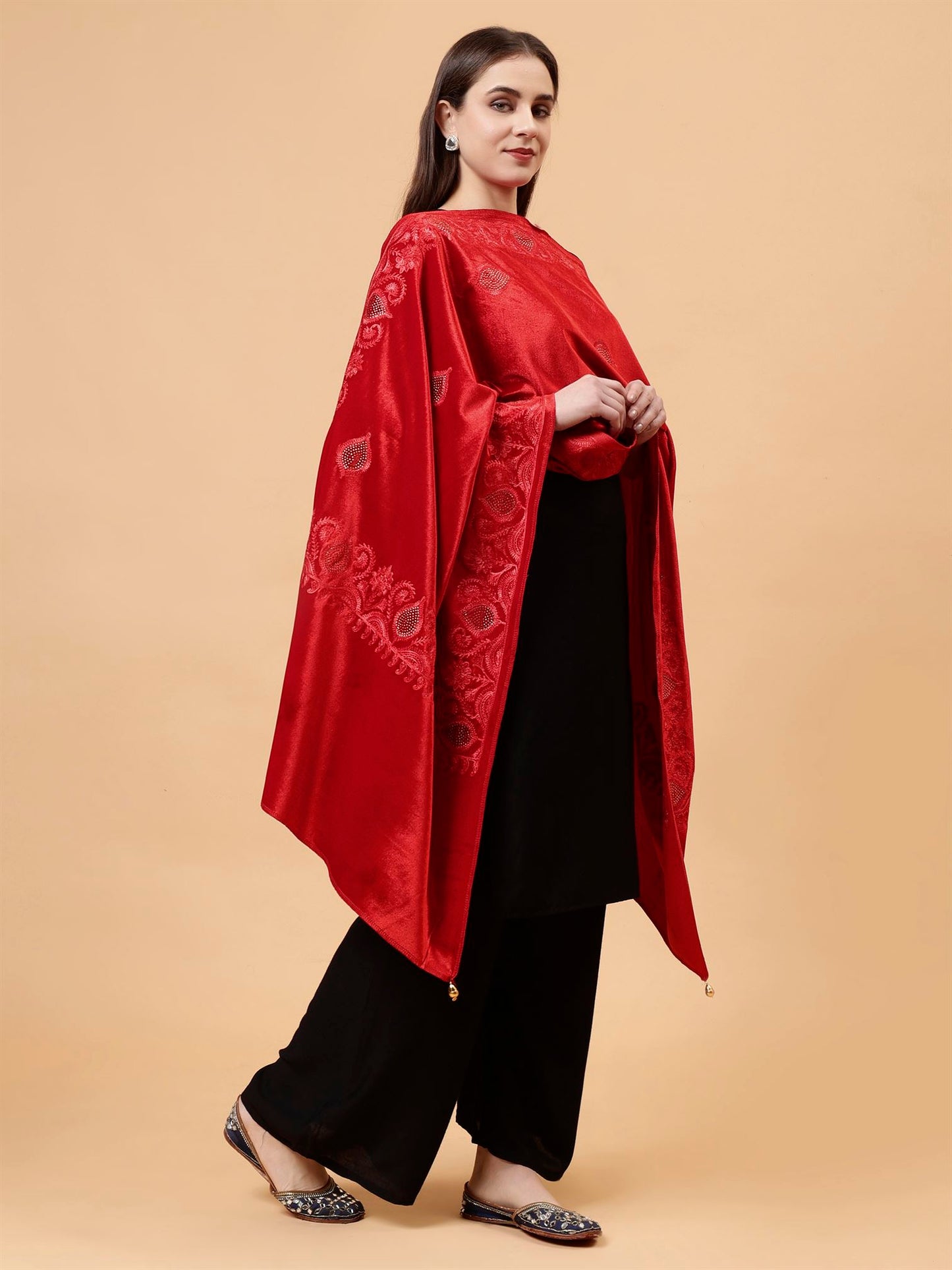 Red Embroidered Velvet Stole - MCHSVD1631R