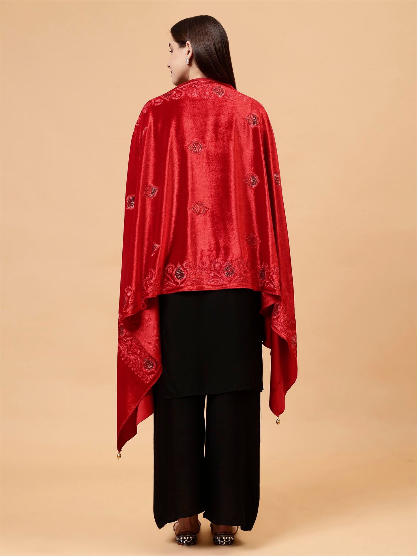 Red Embroidered Velvet Stole - MCHSVD1631R