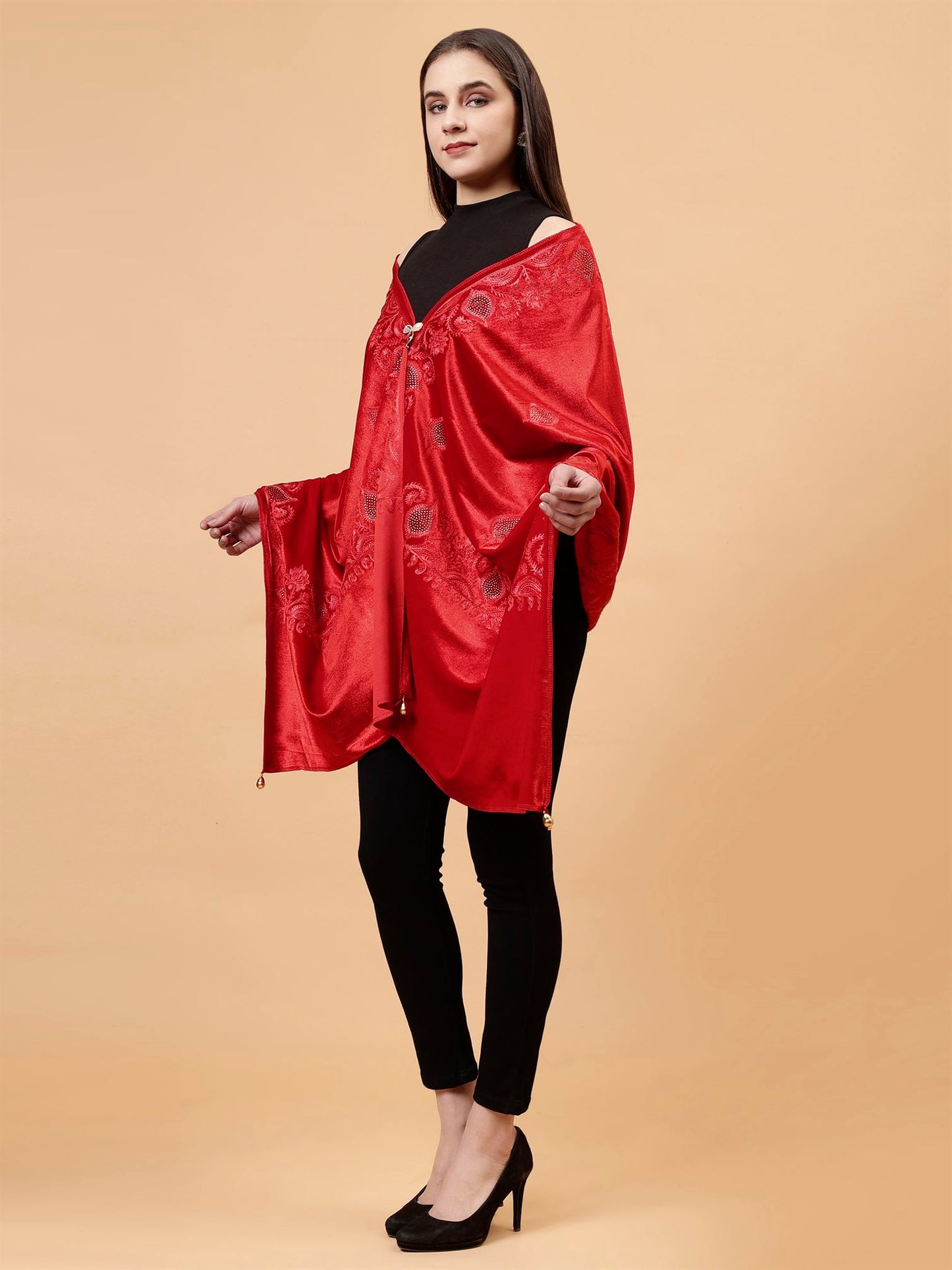 Red Embroidered Velvet Stole - MCHSVD1631R