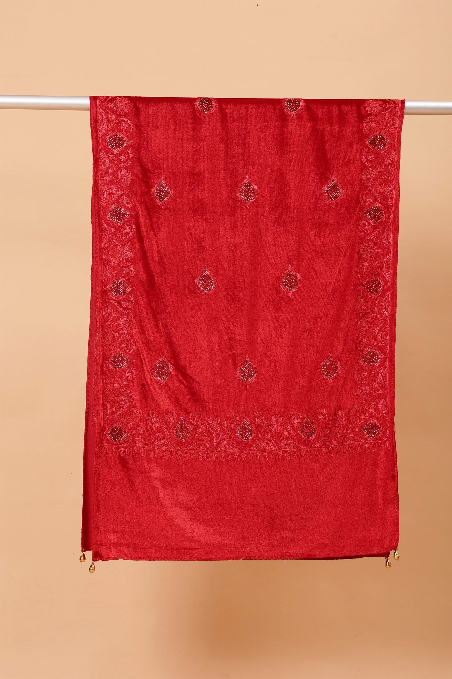 Red Embroidered Velvet Stole - MCHSVD1631R
