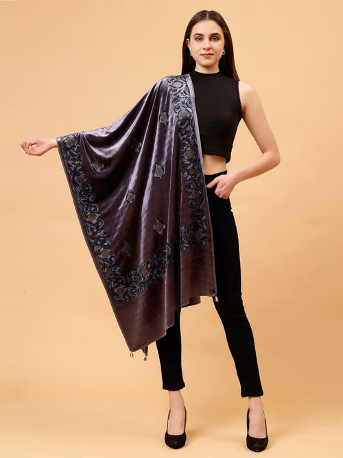 Steel Grey Embroidered Velvet Stole - MCHSVD1631SG