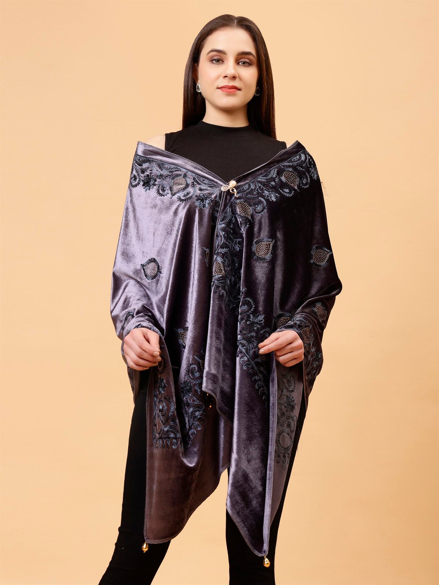 Steel Grey Embroidered Velvet Stole - MCHSVD1631SG