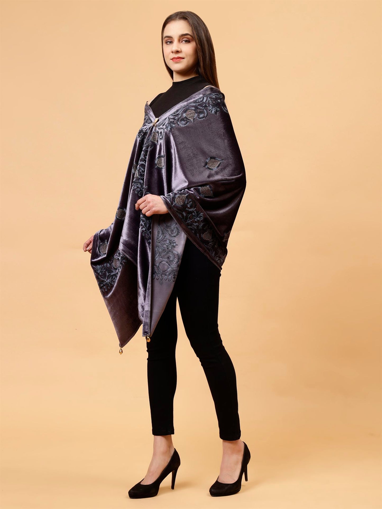 Steel Grey Embroidered Velvet Stole - MCHSVD1631SG