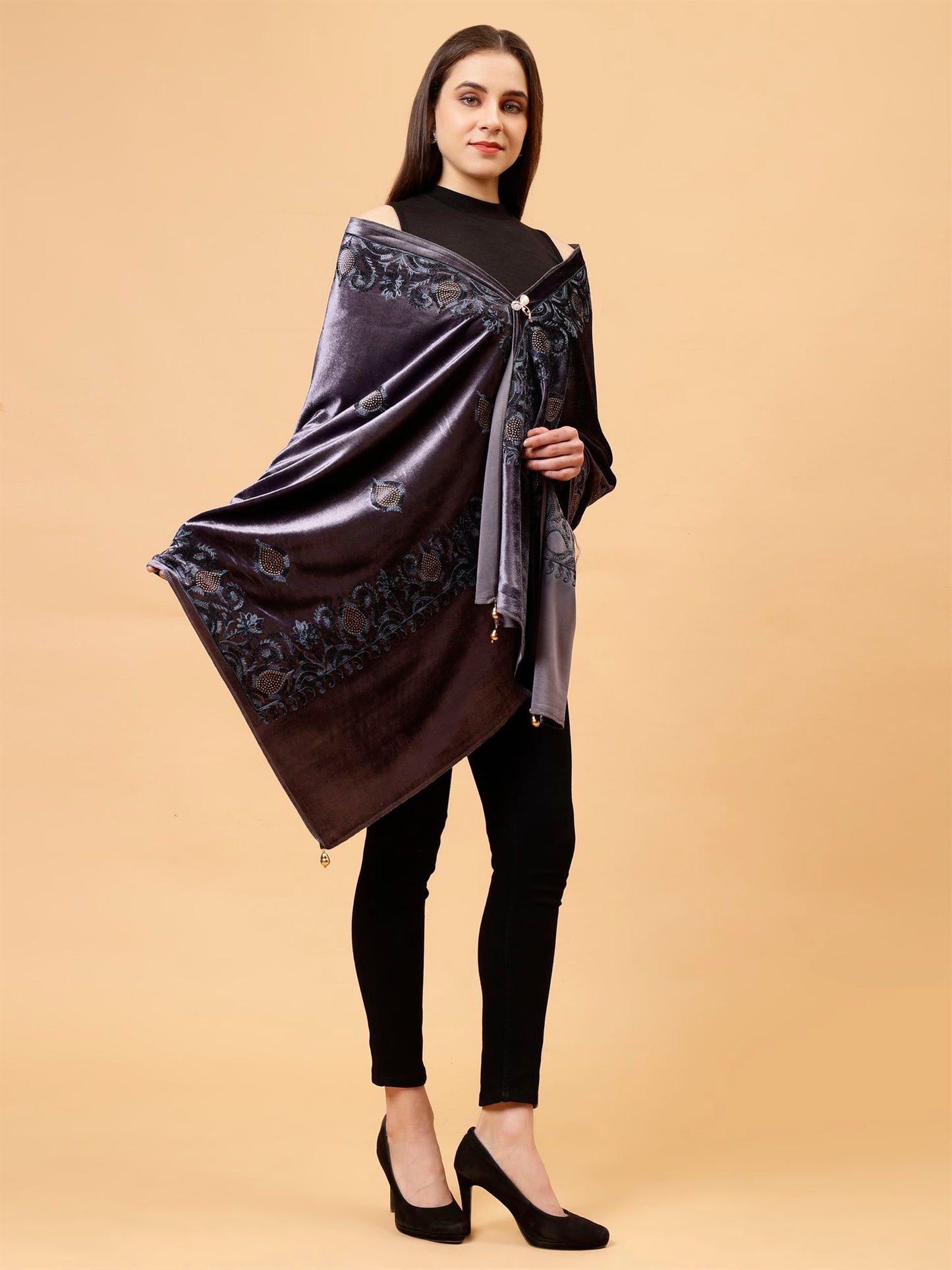 Steel Grey Embroidered Velvet Stole - MCHSVD1631SG